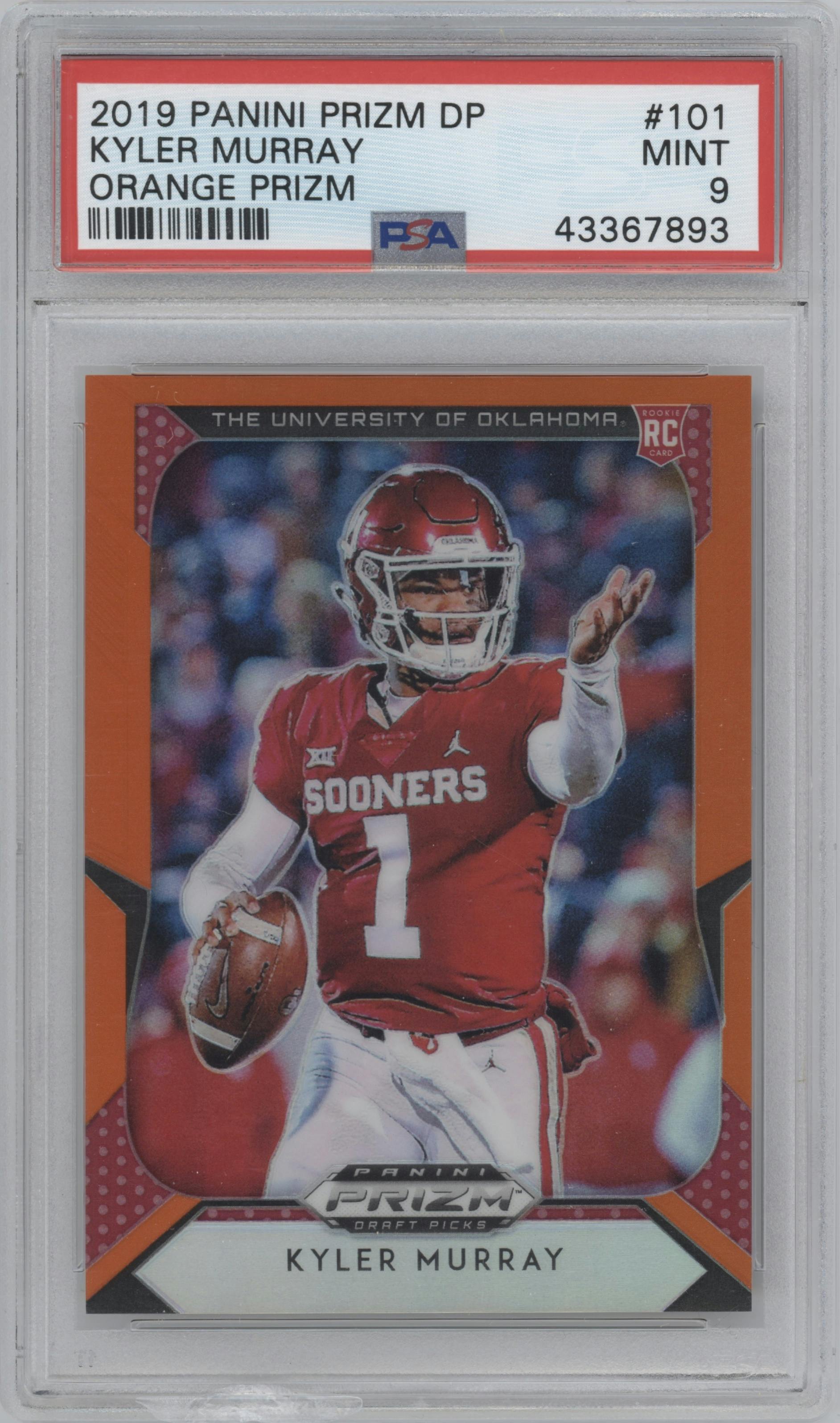 Kyler Murray from the 2019 Panini Prizm Draft Picks set featuring a Orange Prizm parallel graded by PSA and given an overall grade of 9.
