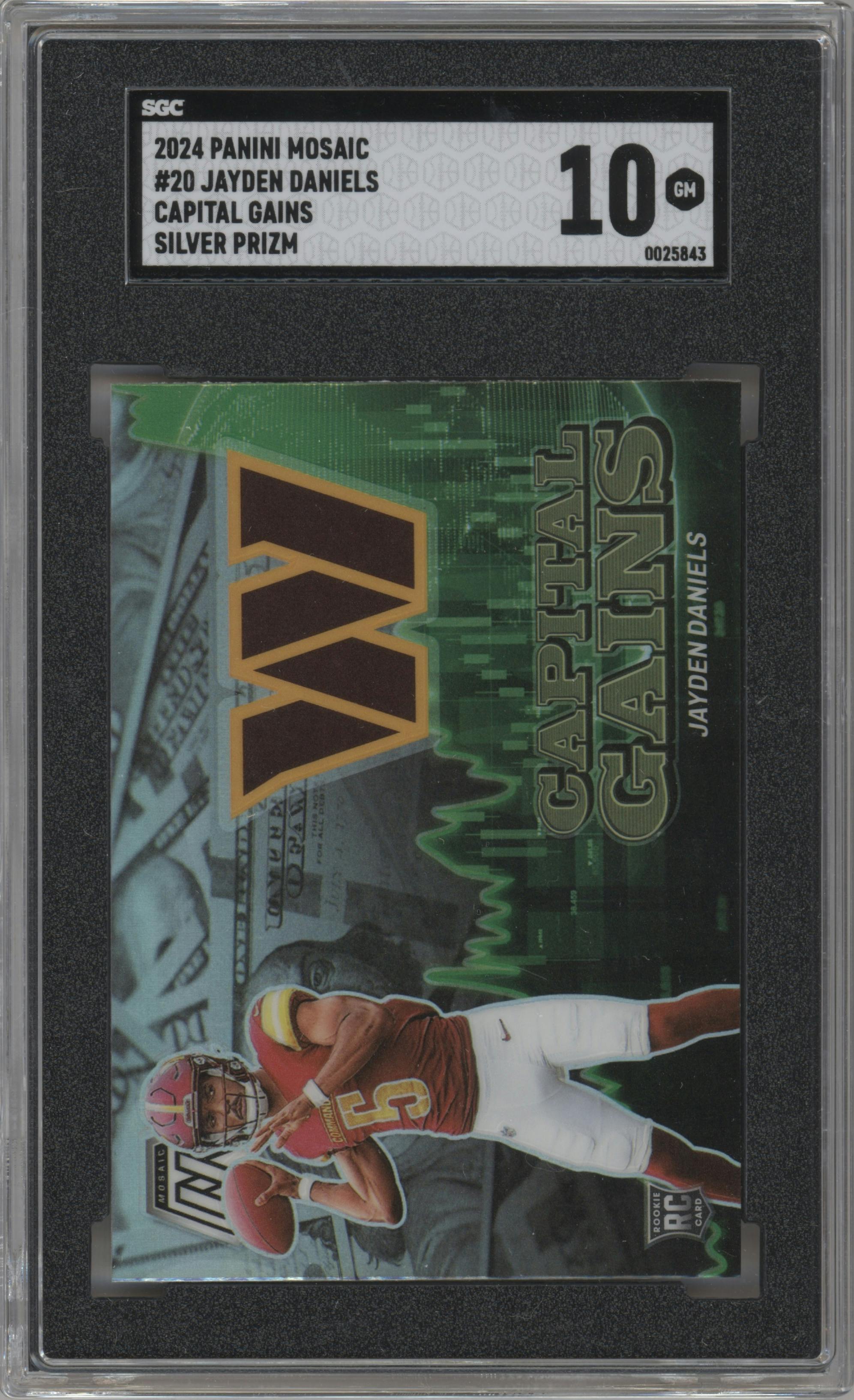 Jayden Daniels from the 2024 Panini Mosaic set featuring a Silver parallel graded by SGC and given an overall grade of 10.