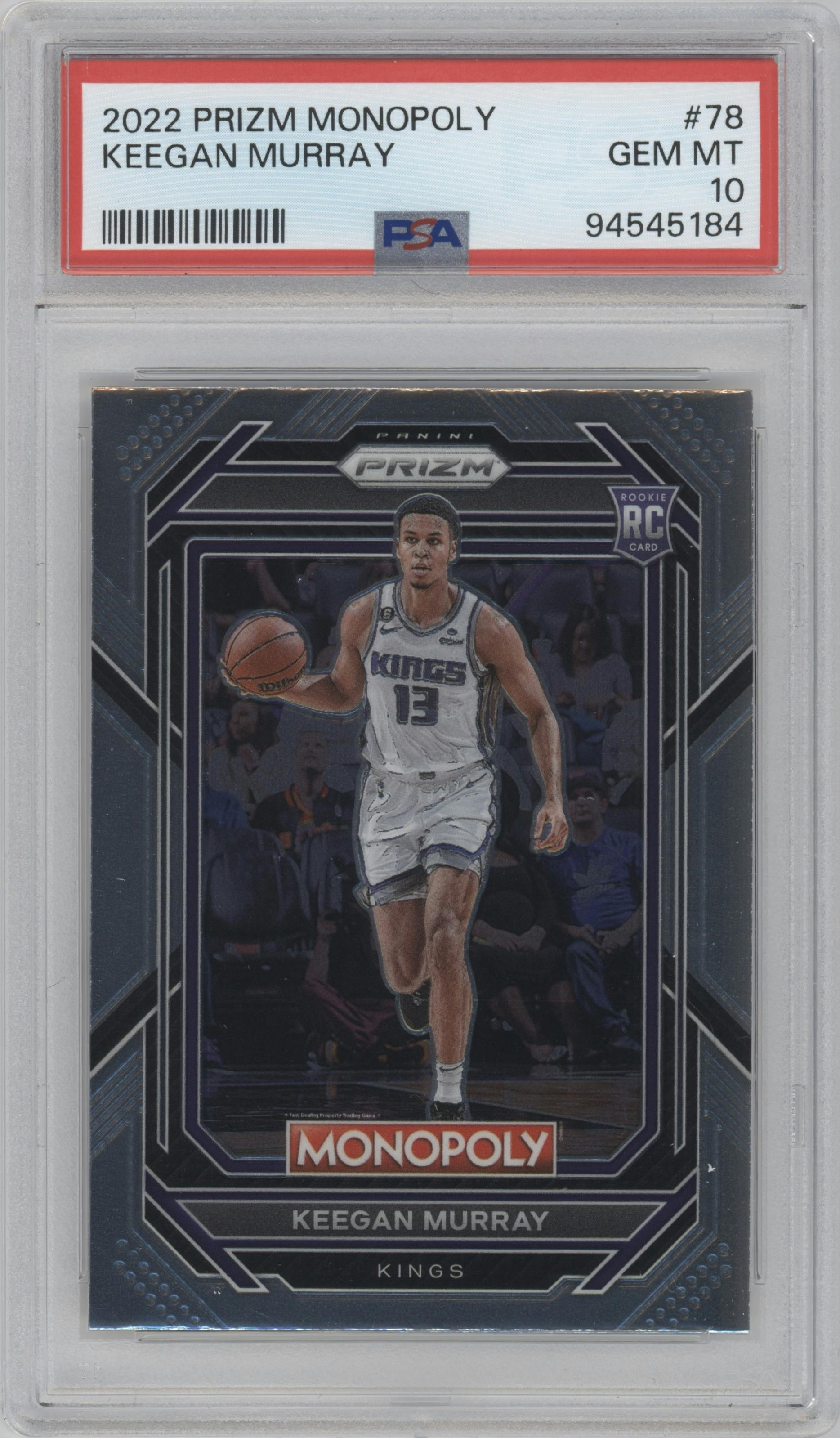 Keegan Murray from the 2022-23 Panini Prizm Monopoly set graded by PSA and given an overall grade of 10.