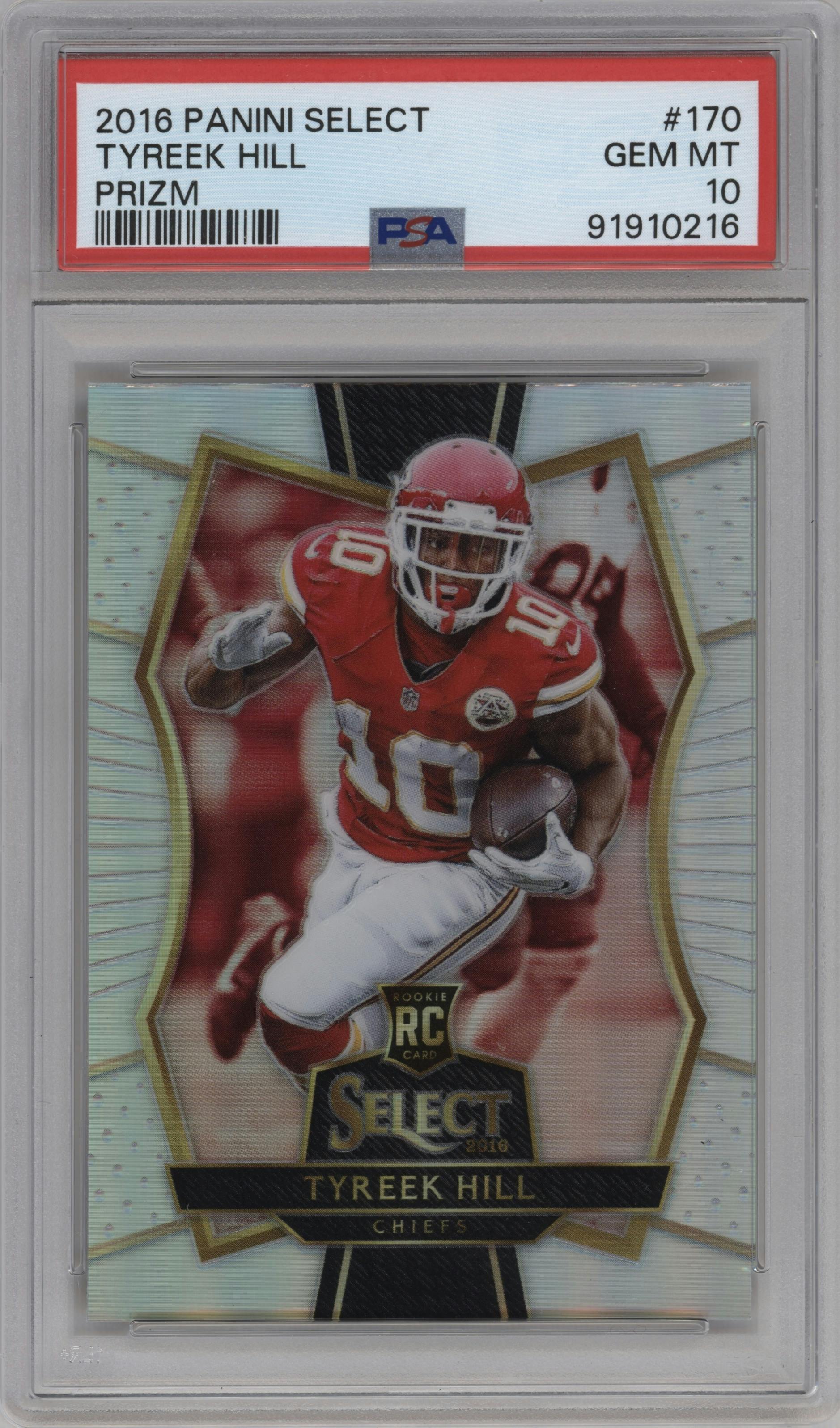 Tyreek Hill from the 2016 Panini Select set featuring a Prizm parallel graded by PSA and given an overall grade of 10.