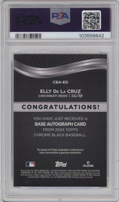 Elly De La Cruz from the  2024 Topps Chrome Black set featuring a Gold Refractor parallel graded by PSA and given an overall grade of 9.