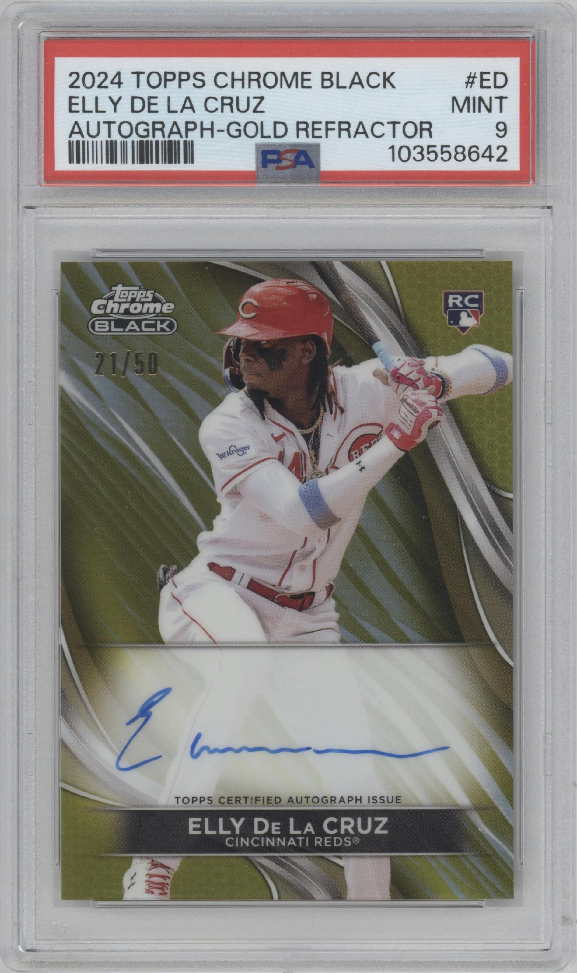 Elly De La Cruz from the  2024 Topps Chrome Black set featuring a Gold Refractor parallel graded by PSA and given an overall grade of 9.