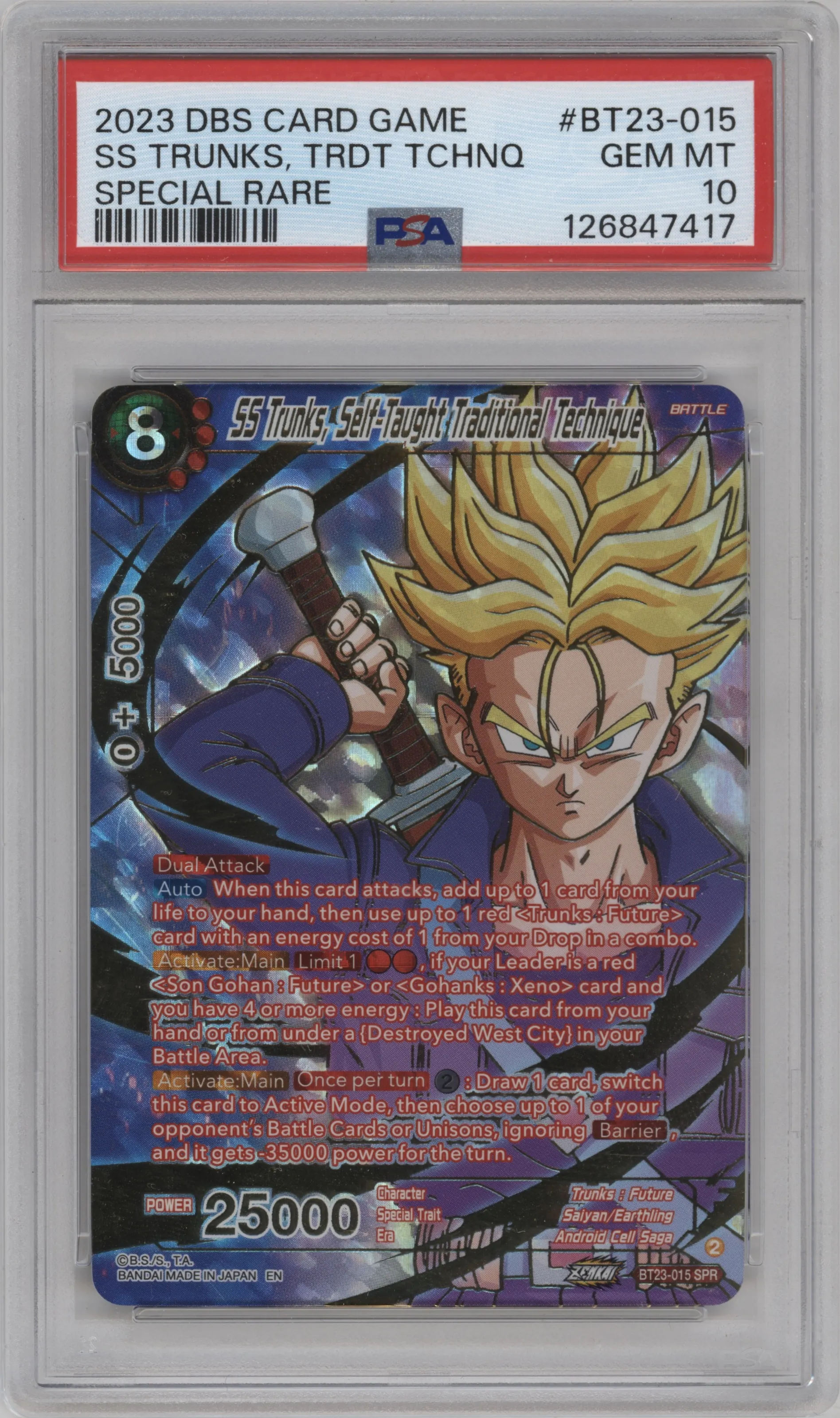 2023 Dragon Ball S Perfect Combination SS Trunks, Self-Taught Traditional Technique SPR #BT23-015 SPR PSA 10