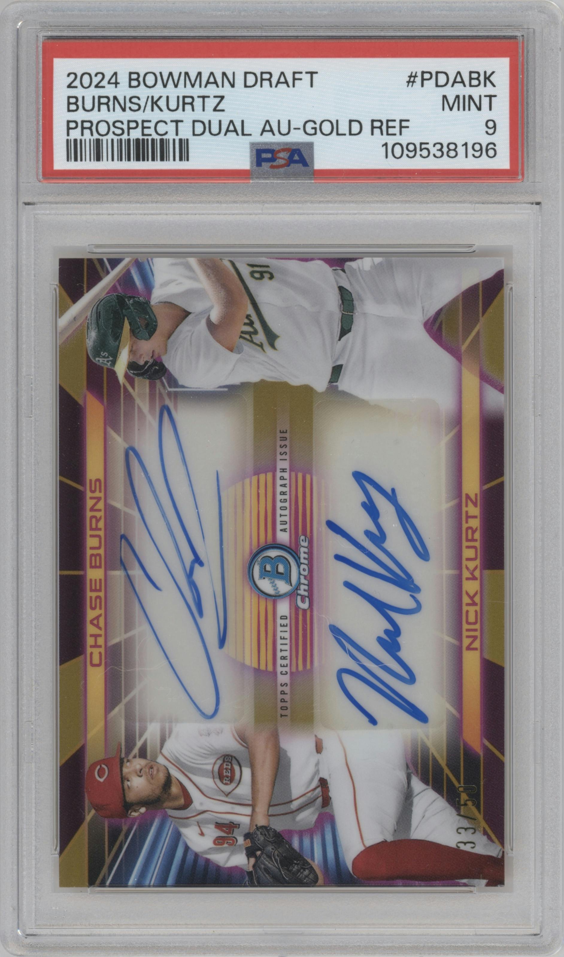 Chase Burns/Nick Kurtz from the 2024 Bowman Draft set featuring a Gold Refractor parallel graded by PSA and given an overall grade of 9.