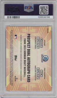 Chase Burns/Nick Kurtz from the 2024 Bowman Draft set featuring a Gold Refractor parallel graded by PSA and given an overall grade of 9.