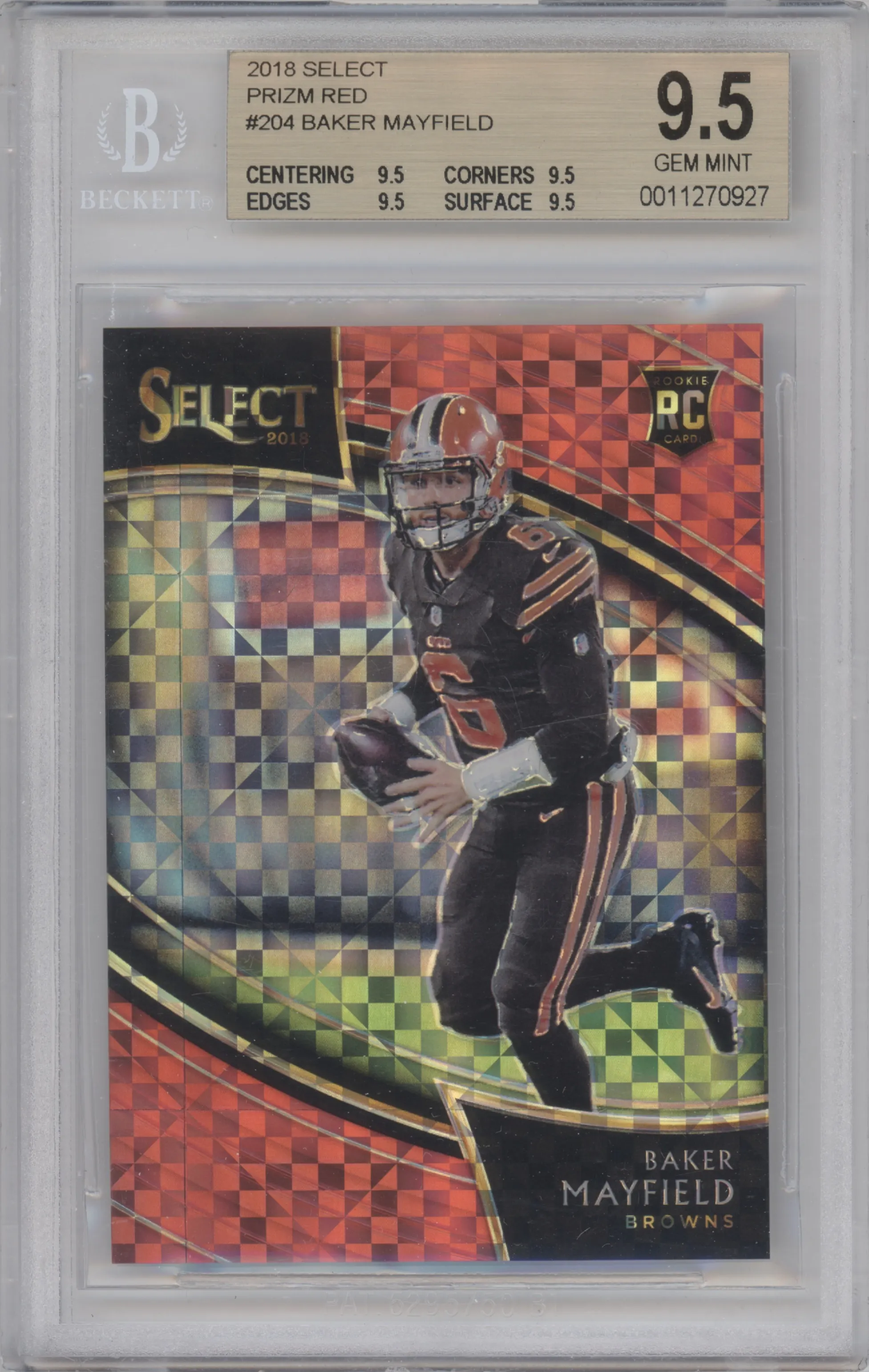 Baker Mayfield from the 2018 Panini Select set featuring a Red parallel graded by Beckett and given an overall grade of 9.5.