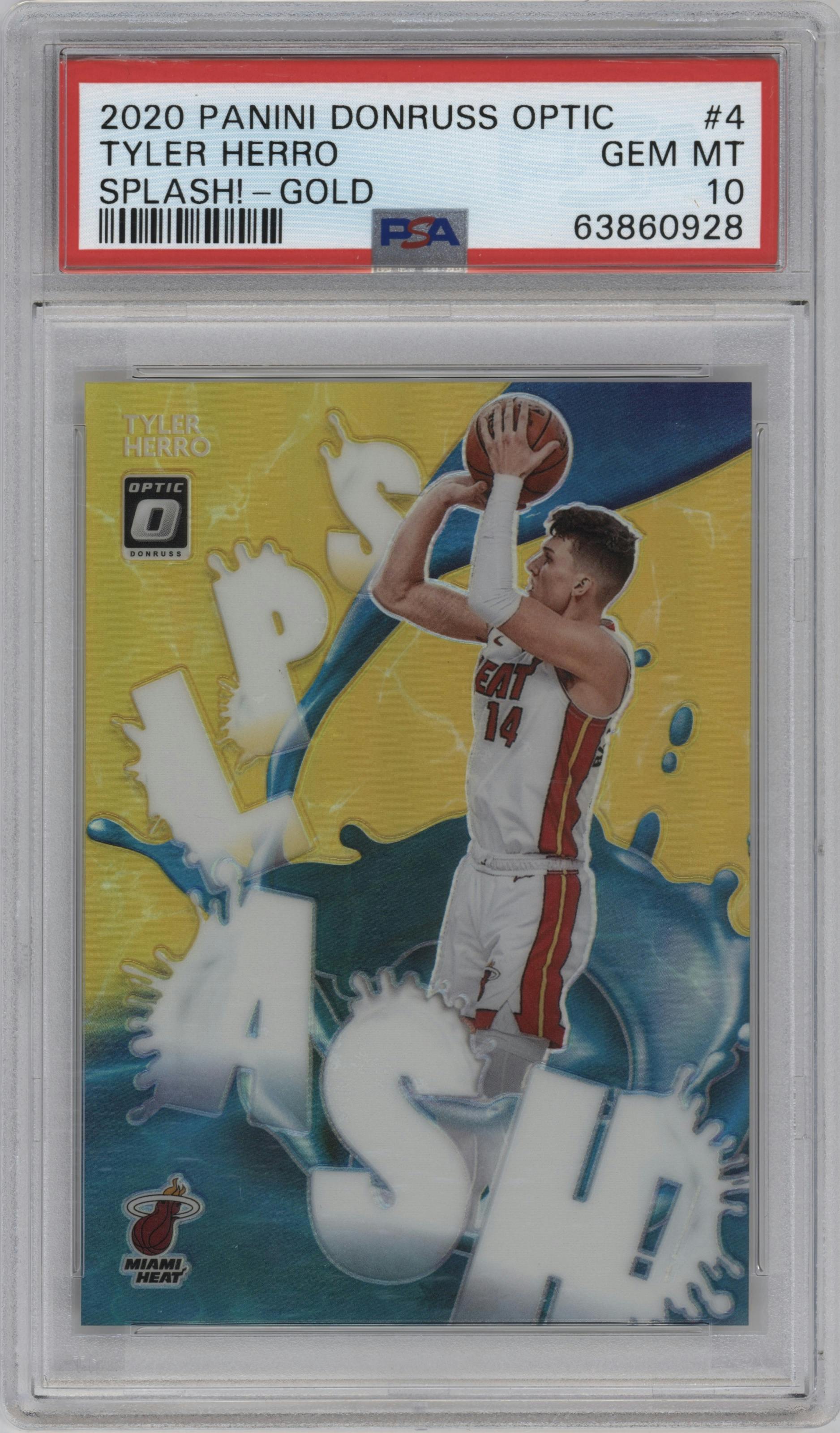Tyler Herro from the 2020-21 Panini Donruss Optic set featuring a Gold parallel graded by PSA and given an overall grade of 10.