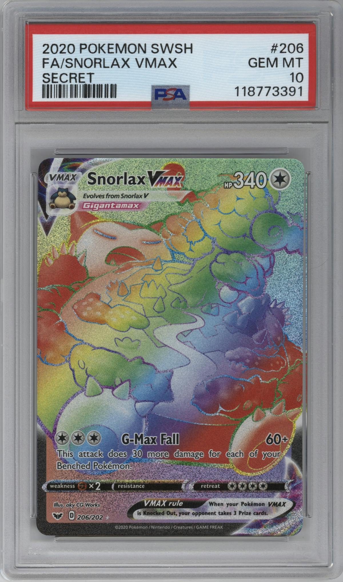 Snorlax VMAX from the 2020 Pokemon SWSH set graded by PSA and given an overall grade of 10.
