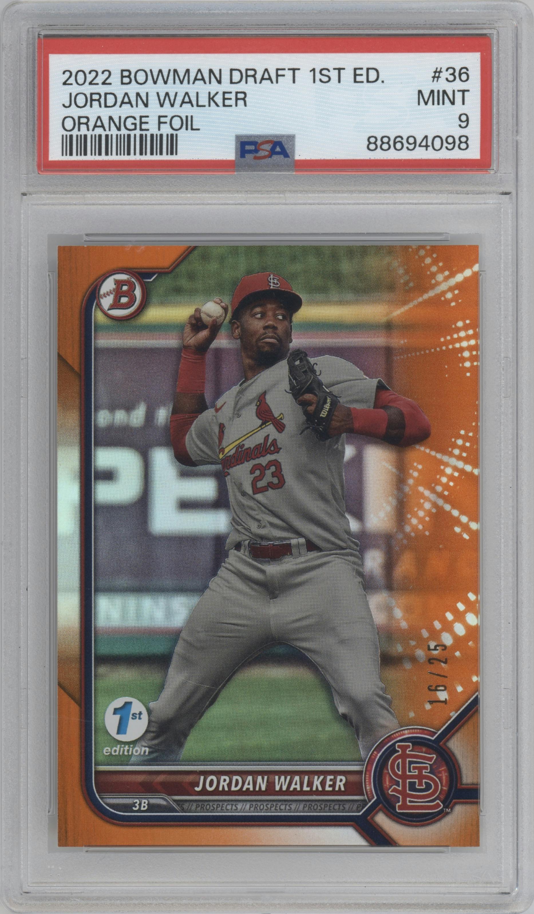 Jordan Walker from the 2022 Bowman Draft 1st Edition set featuring a Orange Foil parallel graded by PSA and given an overall grade of 9.