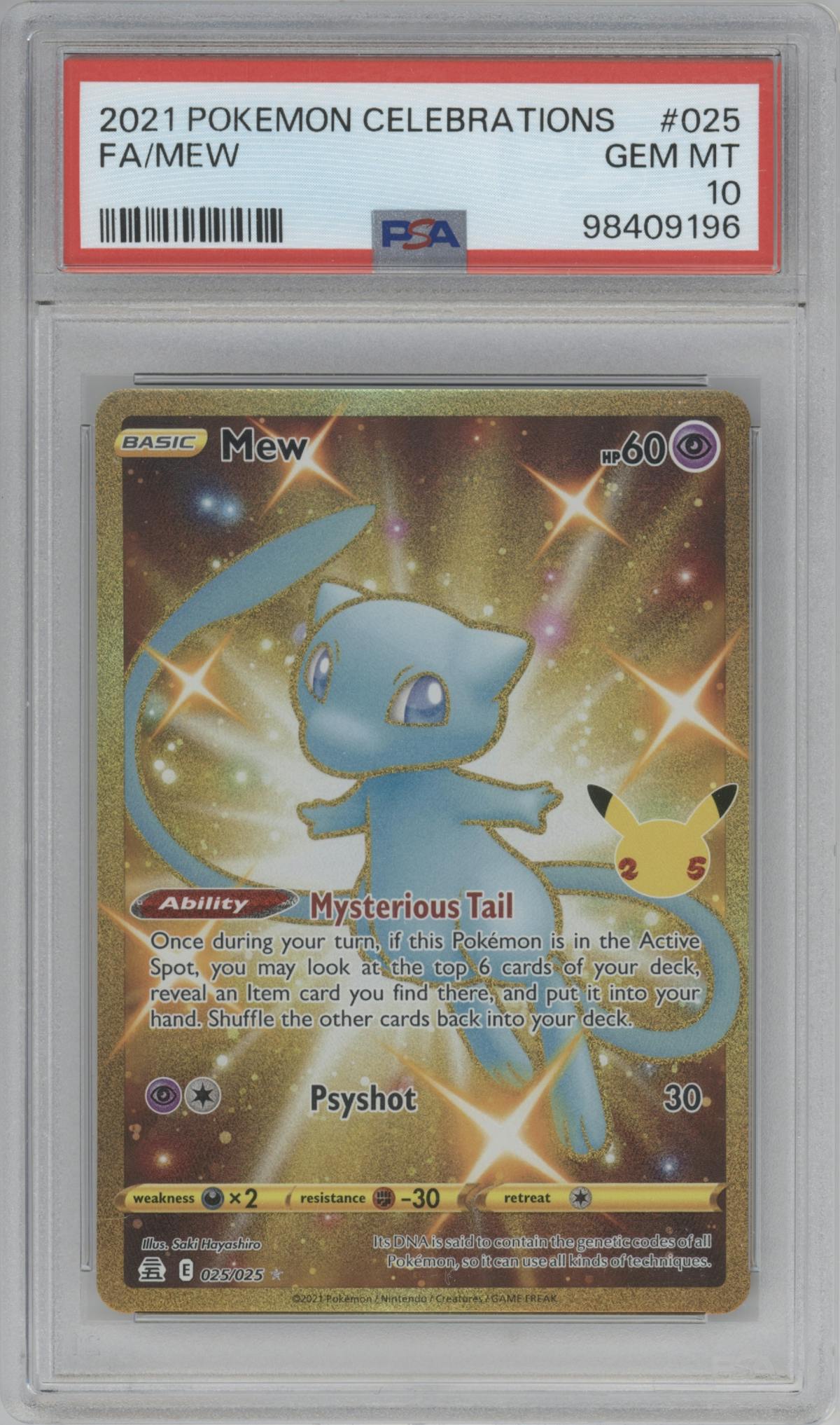Mew from the 2021 Pokemon SWSH set graded by PSA and given an overall grade of 10.