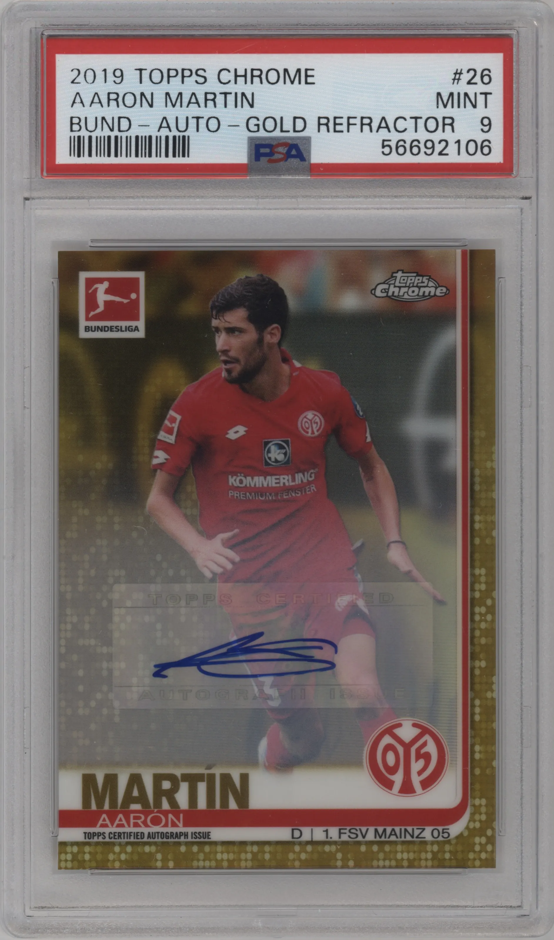 2019 Topps Chrome Bundesliga Autograph Aaron Martín Gold Refractor #26 PSA 9