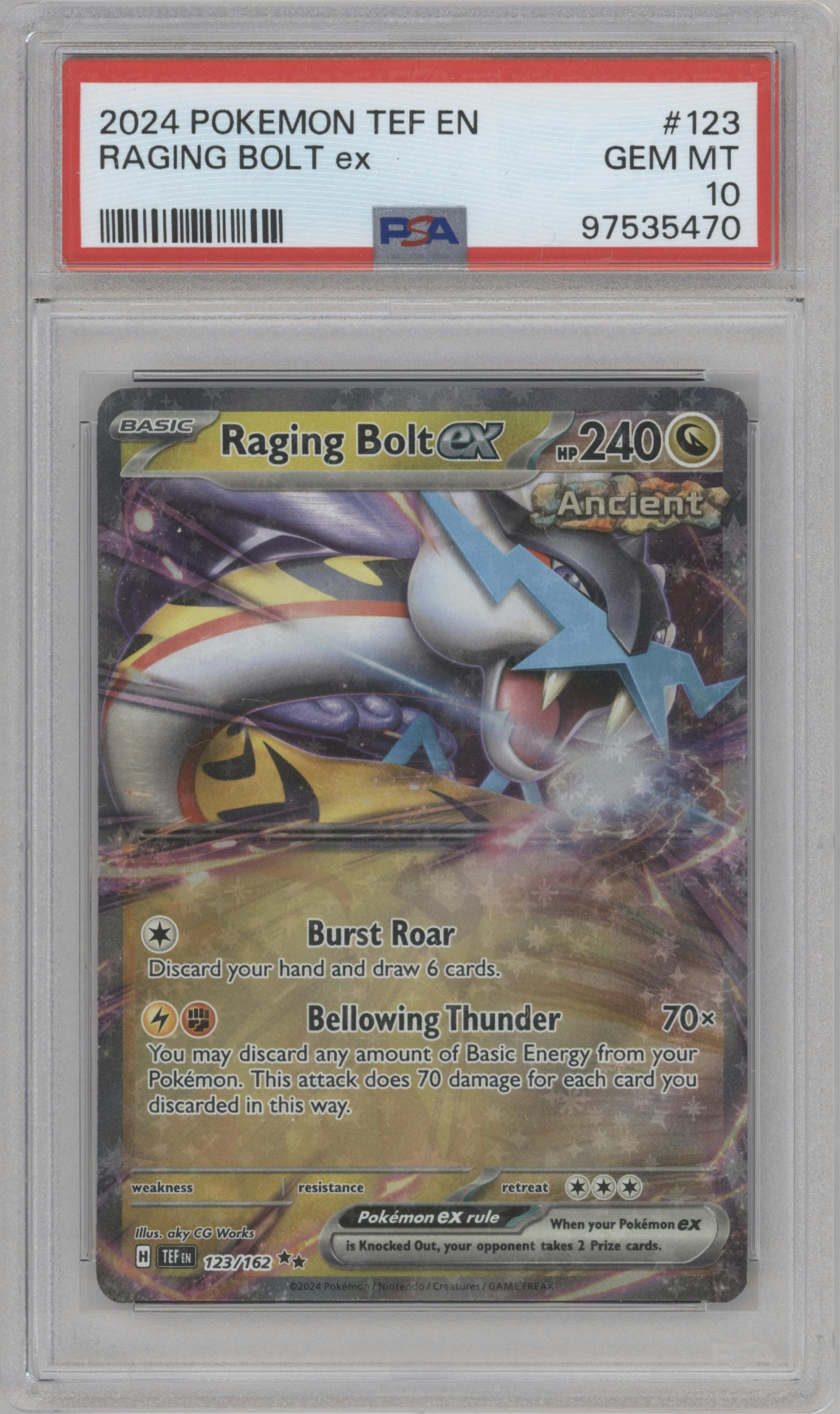 Raging Bolt ex from the 2024 Pokemon SV set graded by PSA and given an overall grade of 10.