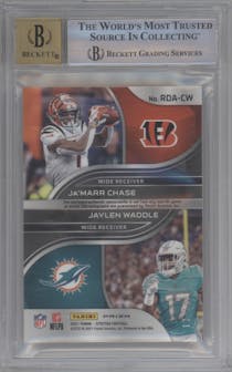 Ja'Marr Chase/Jaylen Waddle from the 2021 Panini Spectra set featuring a Neon Orange parallel graded by Beckett and given an overall grade of 9.