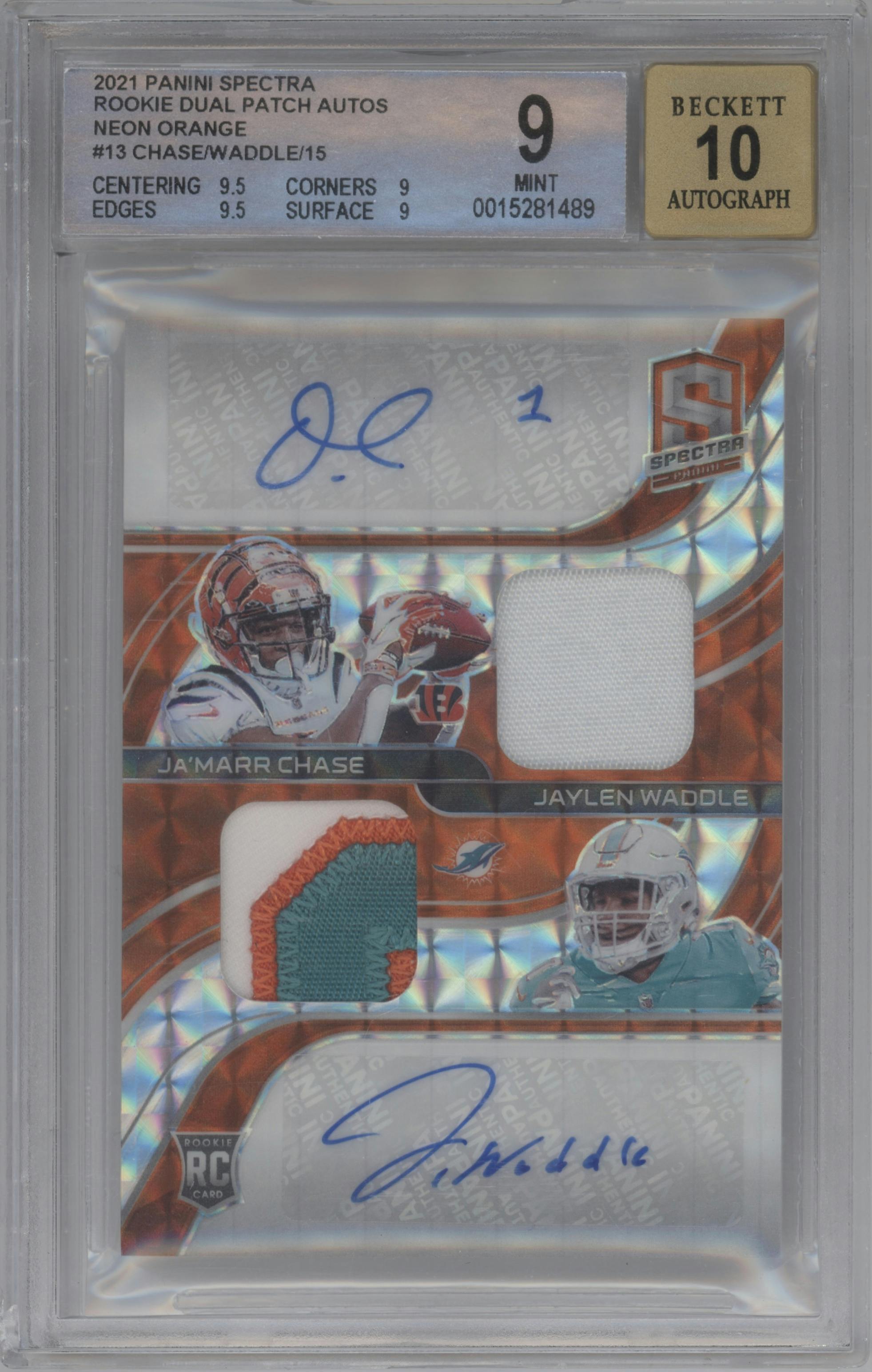 Ja'Marr Chase/Jaylen Waddle from the 2021 Panini Spectra set featuring a Neon Orange parallel graded by Beckett and given an overall grade of 9.