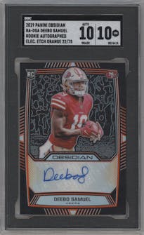 Deebo Samuel from the 2019 Panini Obsidian set featuring a Electric Etch Orange parallel graded by SGC and given an overall grade of 10.