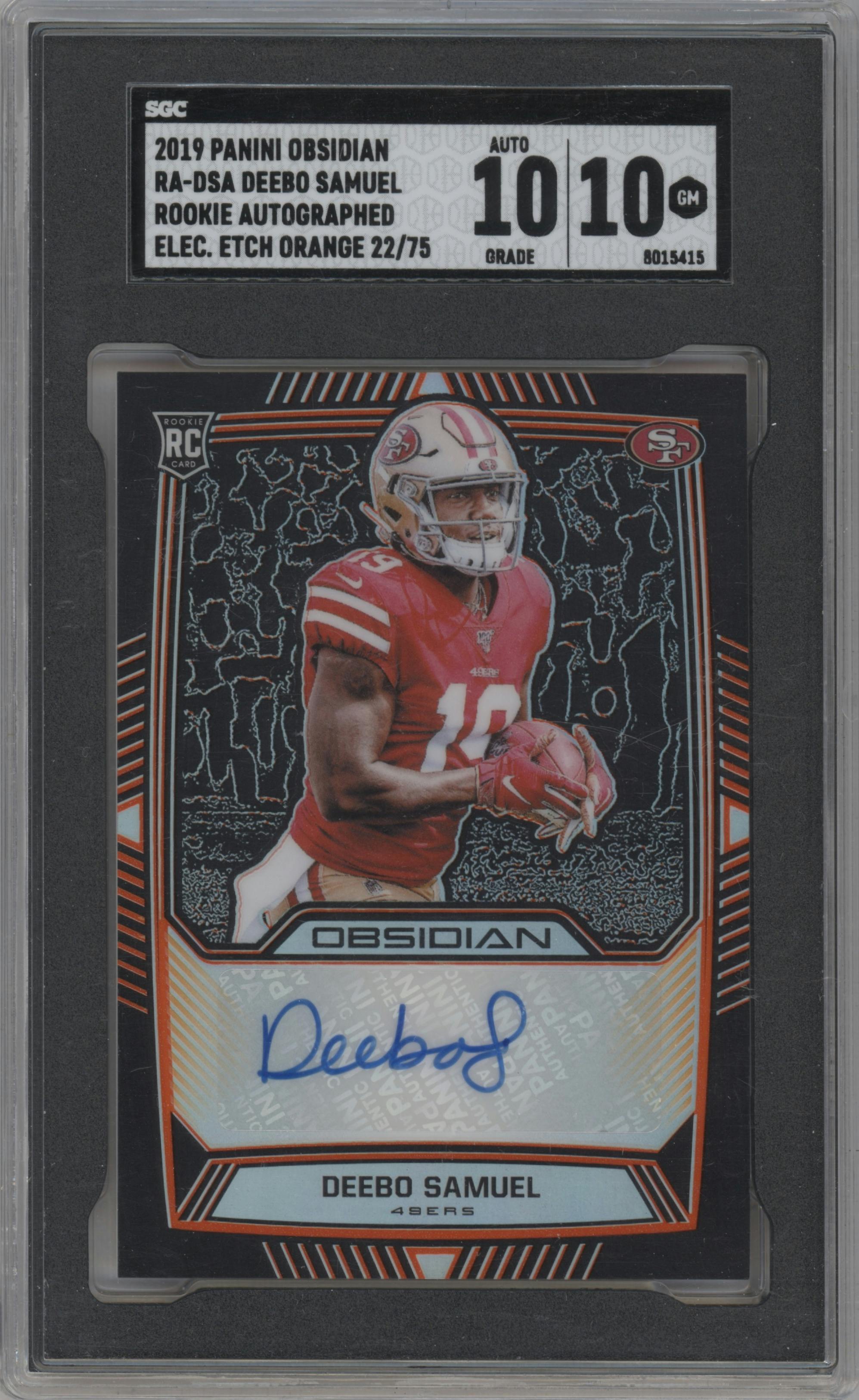 Deebo Samuel from the 2019 Panini Obsidian set featuring a Electric Etch Orange parallel graded by SGC and given an overall grade of 10.
