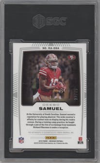 Deebo Samuel from the 2019 Panini Obsidian set featuring a Electric Etch Orange parallel graded by SGC and given an overall grade of 10.