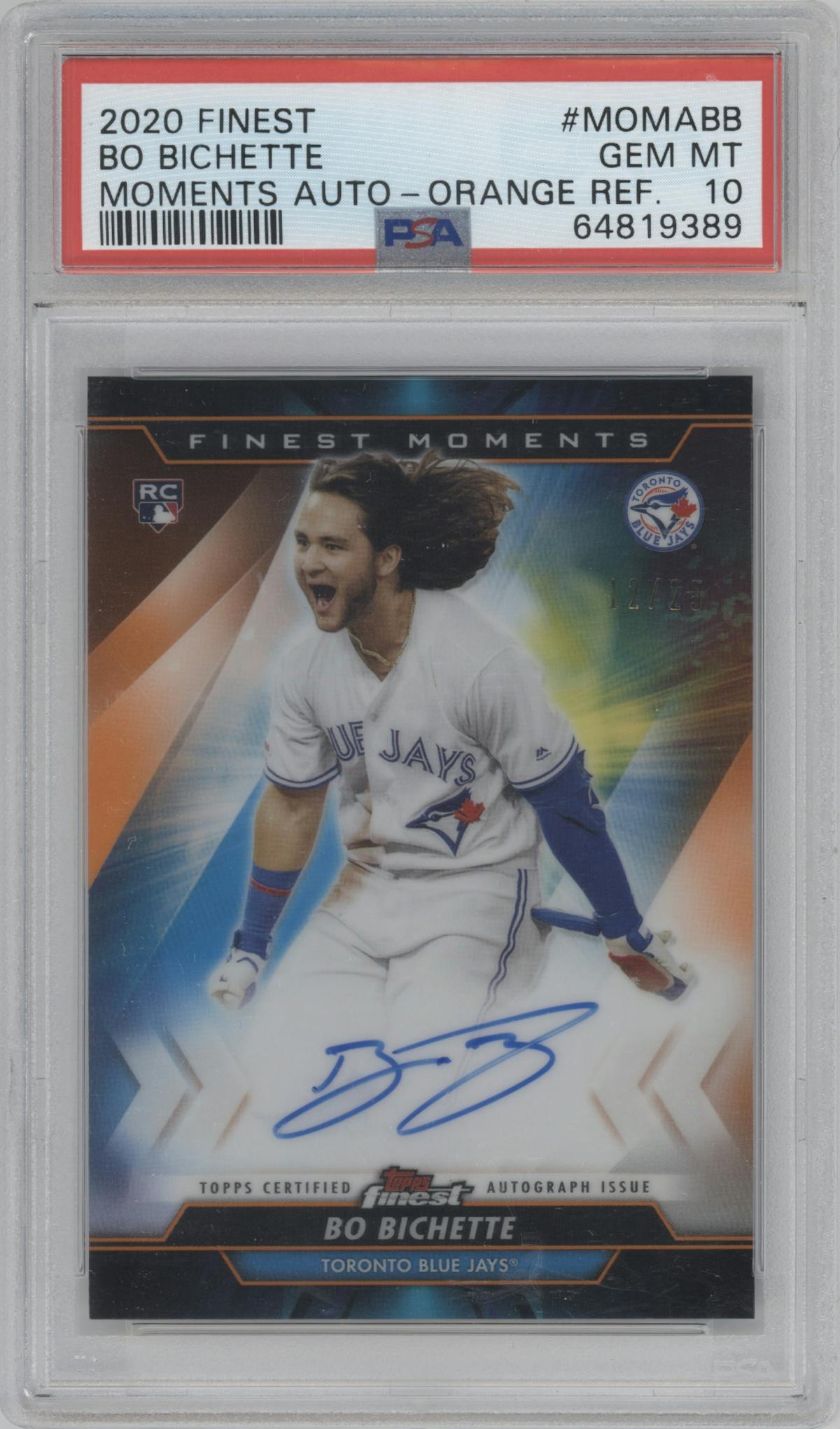 Bo Bichette from the 2020 Topps Finest set featuring a Orange Refractor parallel graded by PSA and given an overall grade of 10.