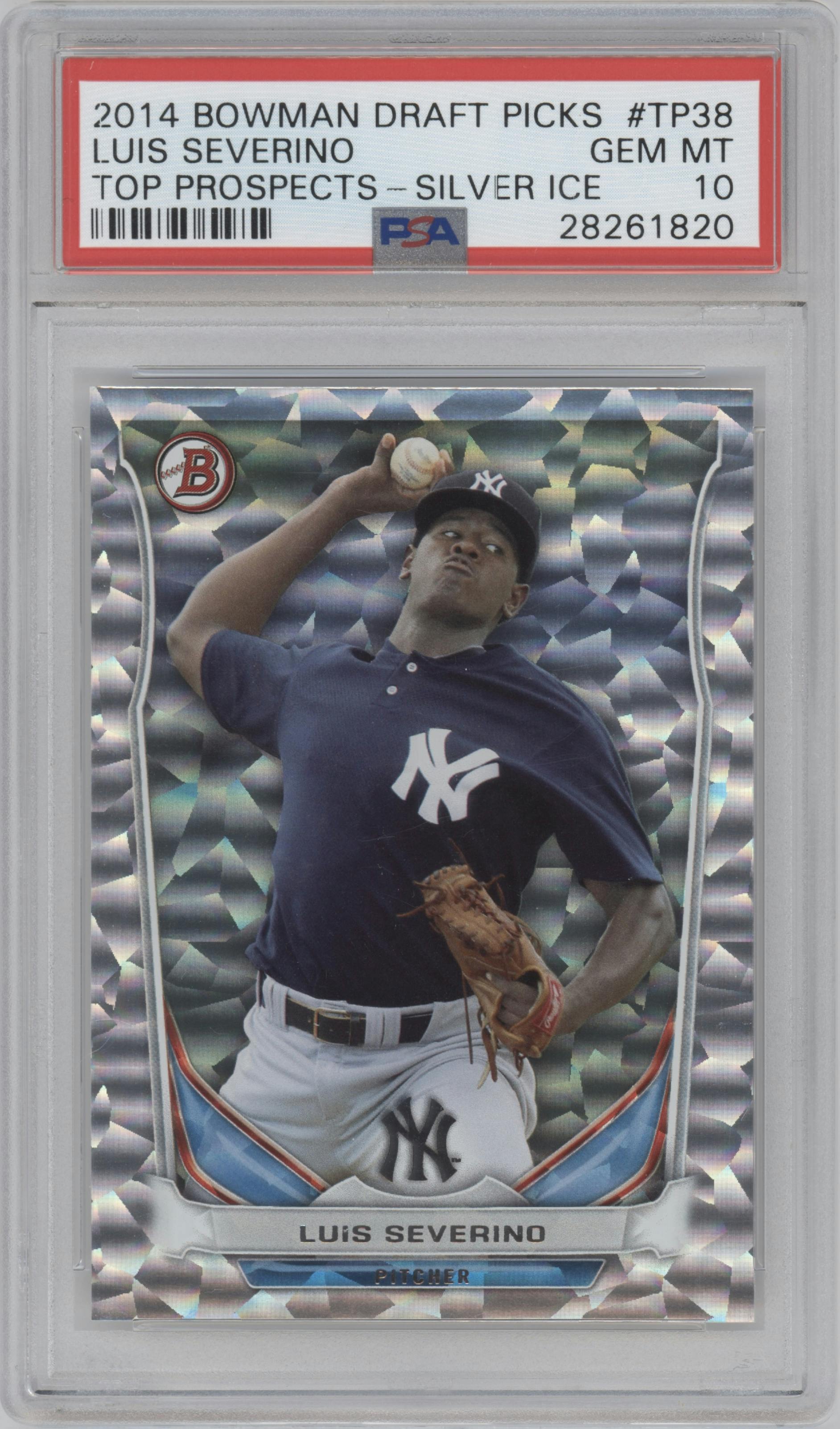 Luis Severino from the 2014 Bowman Draft  set featuring a Silver Ice parallel graded by PSA and given an overall grade of 10.
