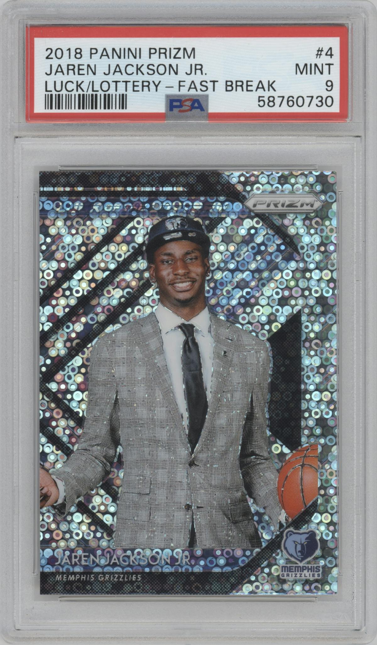 Jaren Jackson Jr. from the 2018-19 Panini Prizm set featuring a Fast Break parallel graded by PSA and given an overall grade of 9.