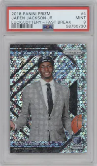 Jaren Jackson Jr. from the 2018-19 Panini Prizm set featuring a Fast Break parallel graded by PSA and given an overall grade of 9.