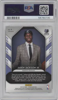 Jaren Jackson Jr. from the 2018-19 Panini Prizm set featuring a Fast Break parallel graded by PSA and given an overall grade of 9.