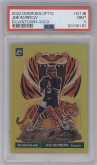 Joe Burrow from the 2022 Panini Donruss Optic set featuring a Gold parallel graded by PSA and given an overall grade of 9.
