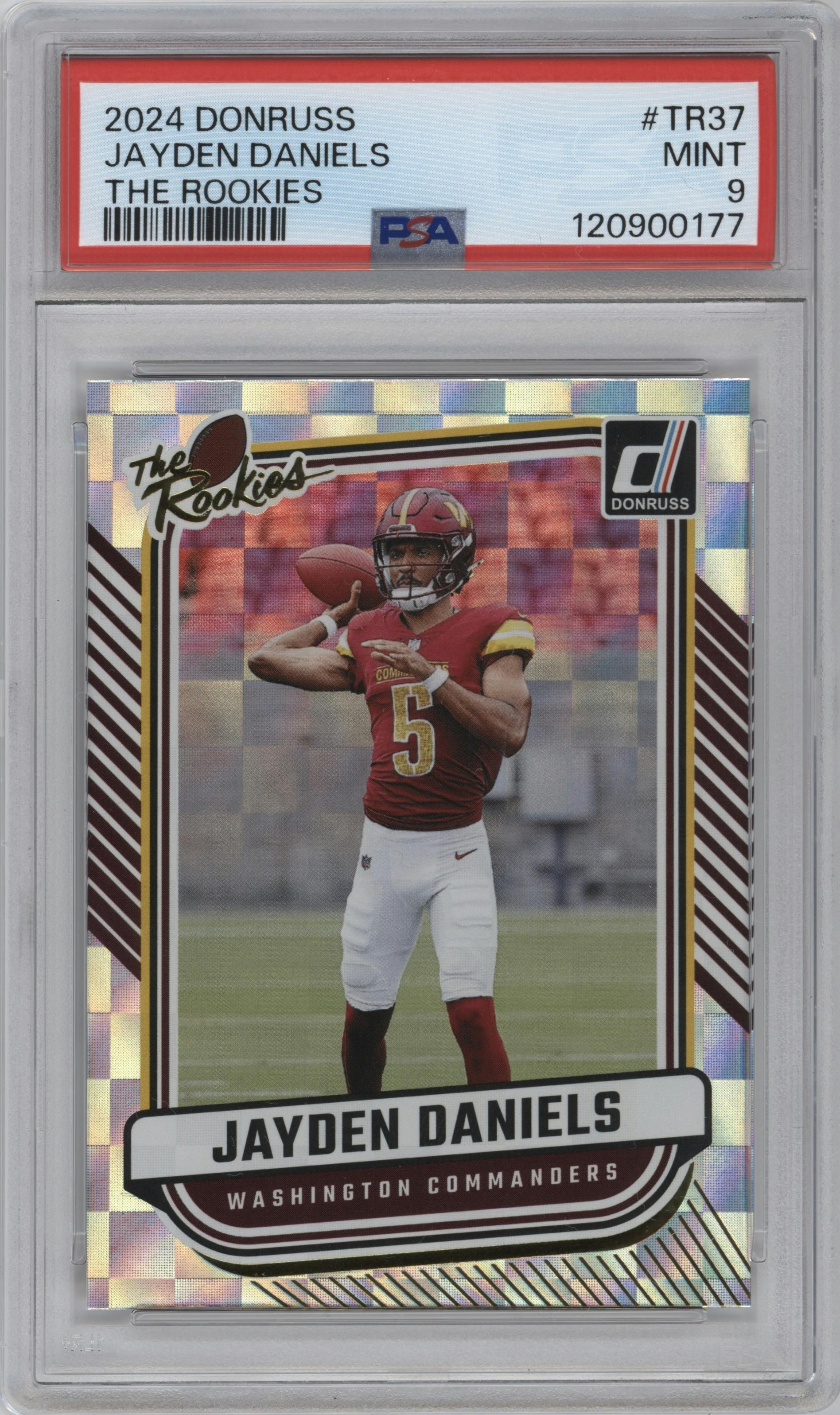 Jayden Daniels from the 2024 Donruss set graded by PSA and given an overall grade of 9.