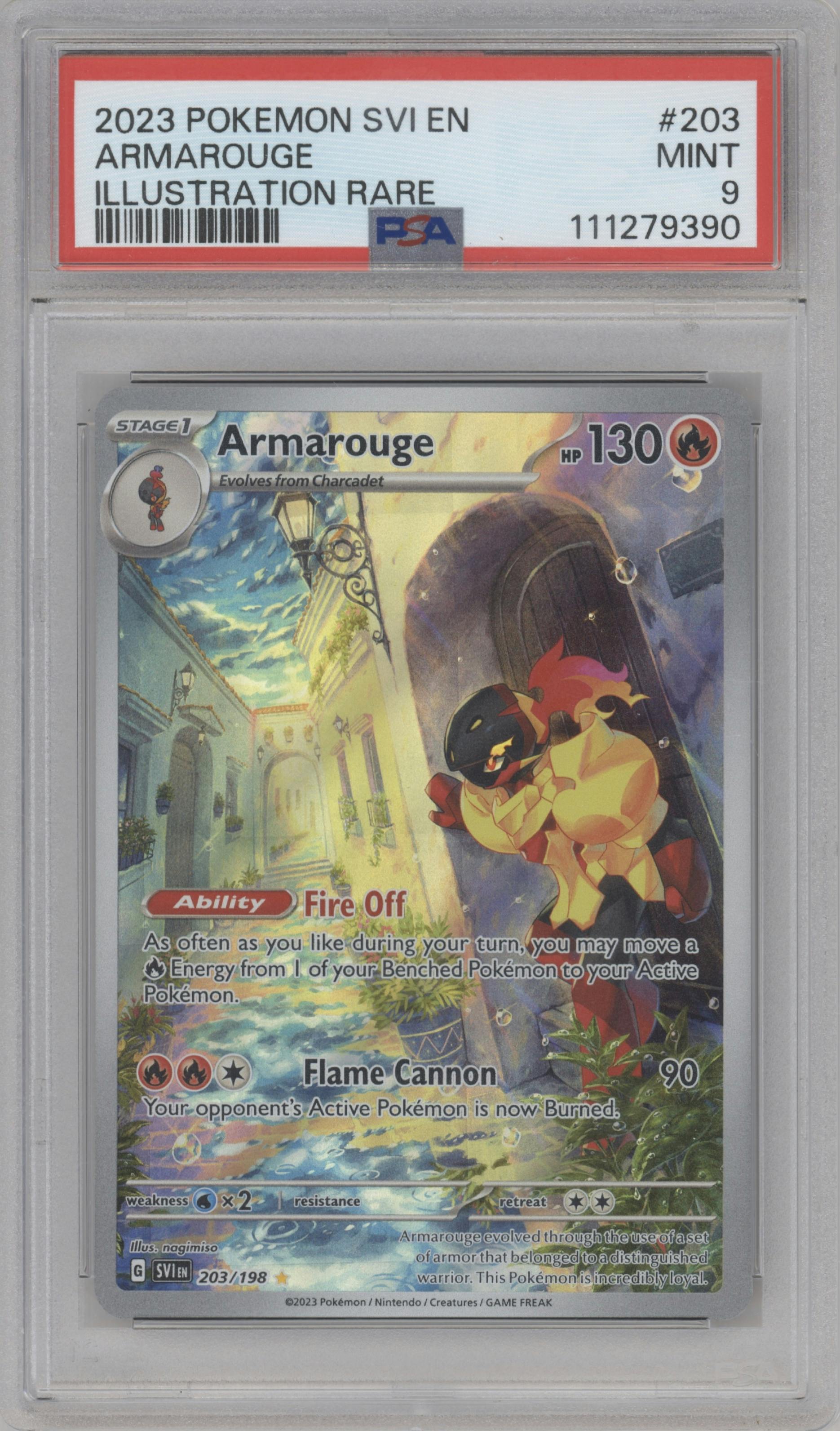 Armarouge from the 2023 Pokemon SV set graded by PSA and given an overall grade of 9.