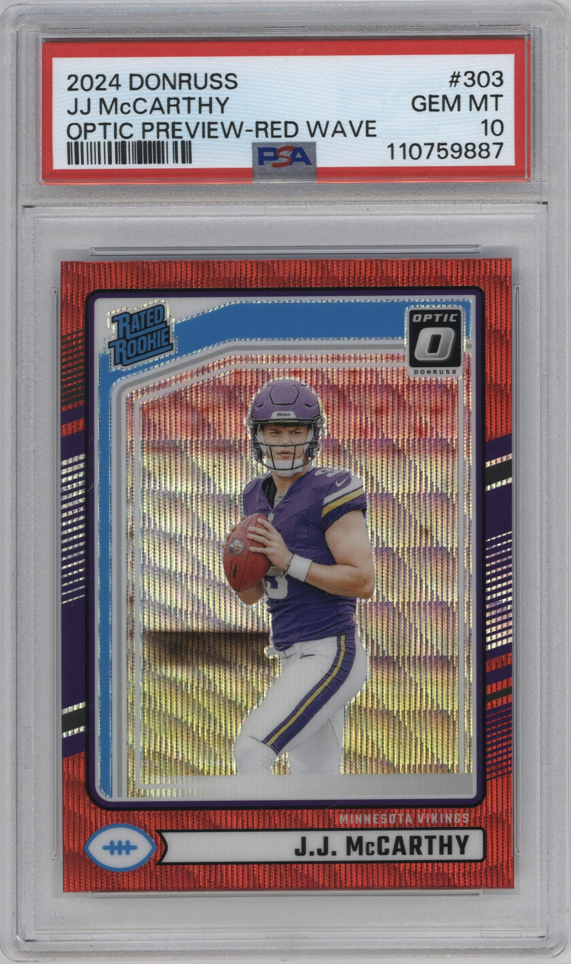 J.J. McCarthy from the 2024 Donruss set featuring a Red Wave parallel graded by PSA and given an overall grade of 10.