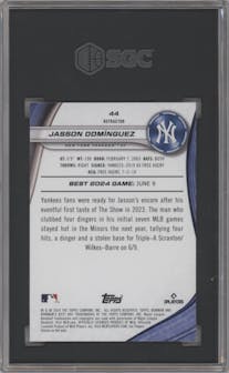 Jasson Dominguez from the 2024 Bowman's Best set featuring a Refractor parallel graded by SGC and given an overall grade of 10.