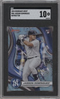 Jasson Dominguez from the 2024 Bowman's Best set featuring a Refractor parallel graded by SGC and given an overall grade of 10.