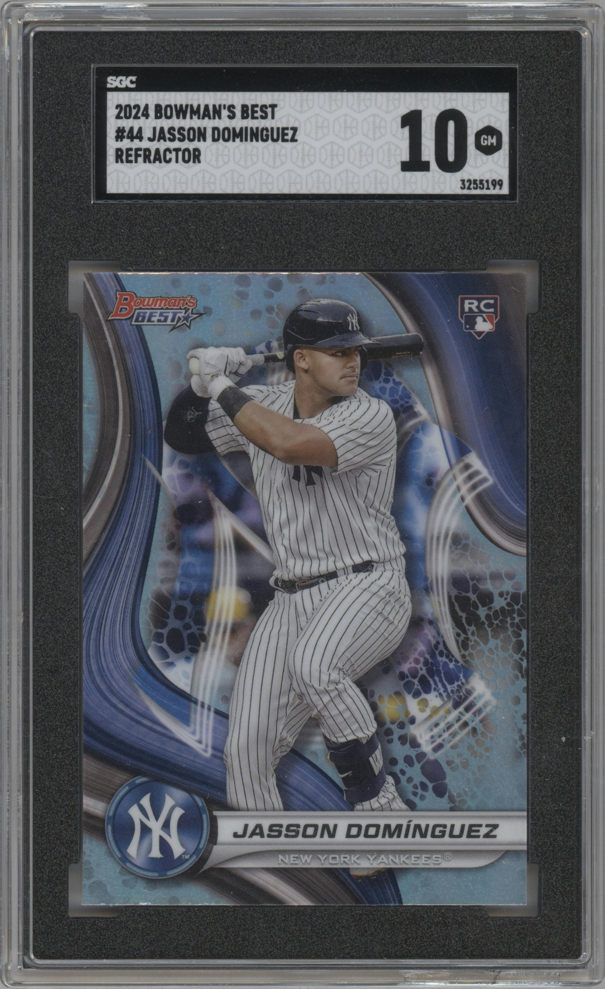 Jasson Dominguez from the 2024 Bowman's Best set featuring a Refractor parallel graded by SGC and given an overall grade of 10.