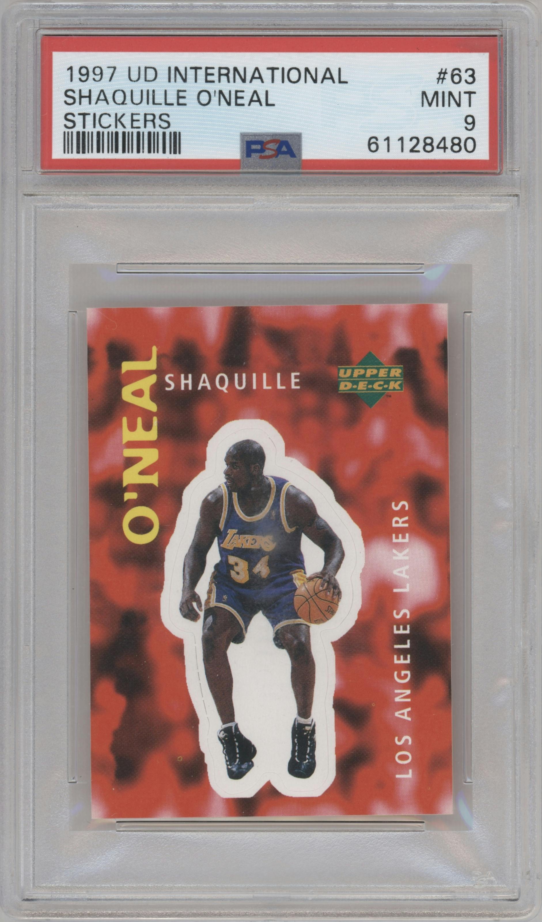 Shaquille O'Neal from the 1997-98 Upper Deck NBA Stickers set graded by PSA and given an overall grade of 9.