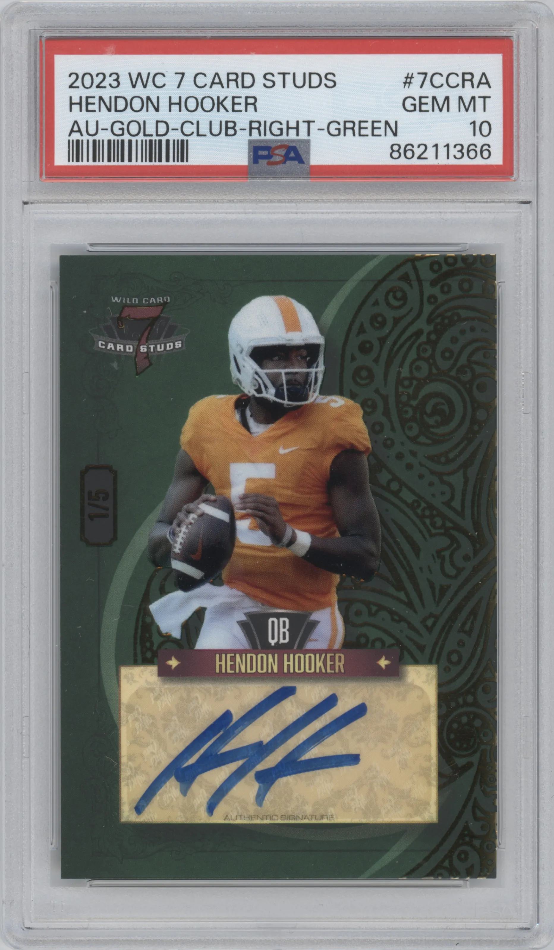 Hendon Hooker from the 2023 Wild Card Seven Card Studs  set featuring a Green Club parallel graded by PSA and given an overall grade of 10.