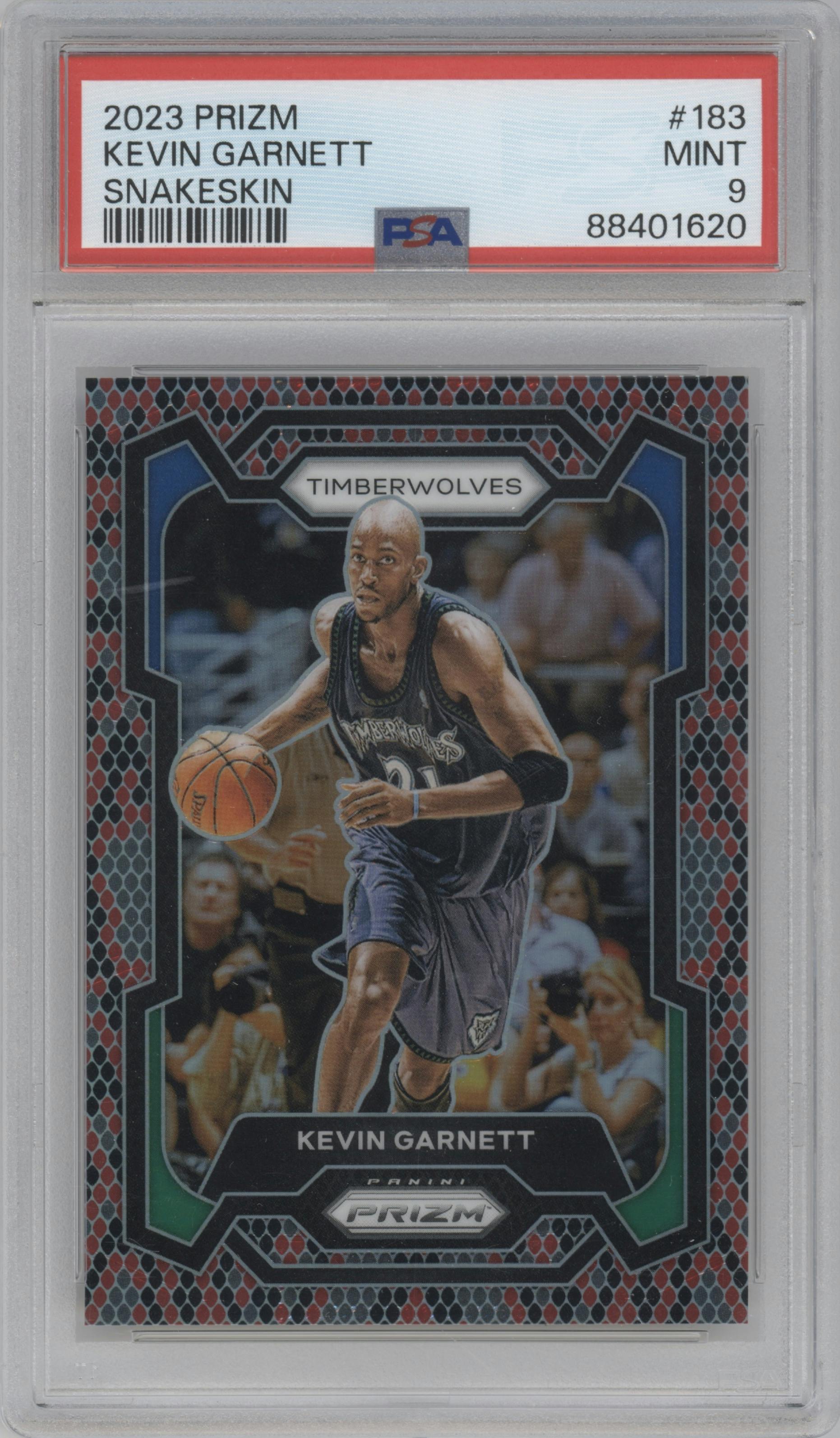 Kevin Garnett from the 2023-24 Panini Prizm set featuring a Snakeskin parallel graded by PSA and given an overall grade of 9.