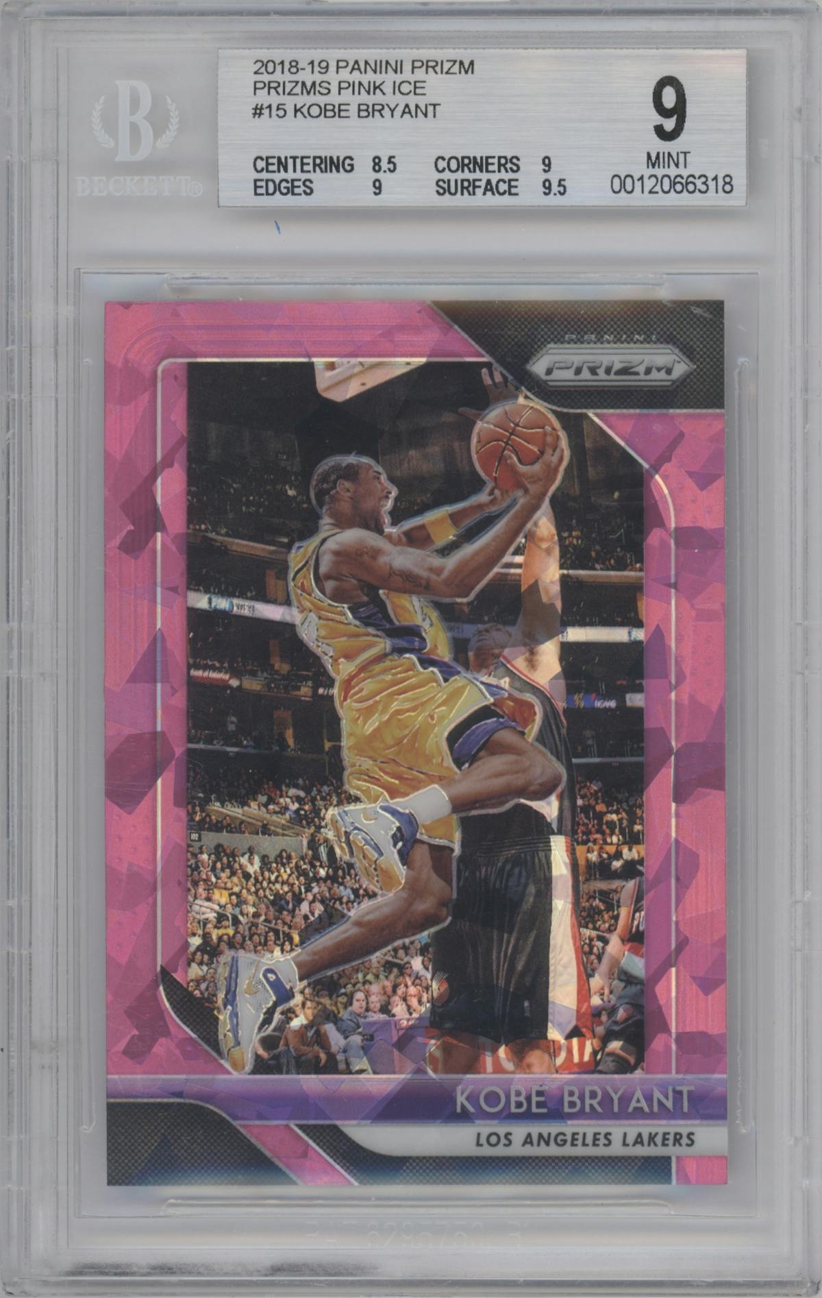 Kobe Bryant from the 2018-19 Panini Prizm set featuring a Pink Ice parallel graded by Beckett and given an overall grade of 9.