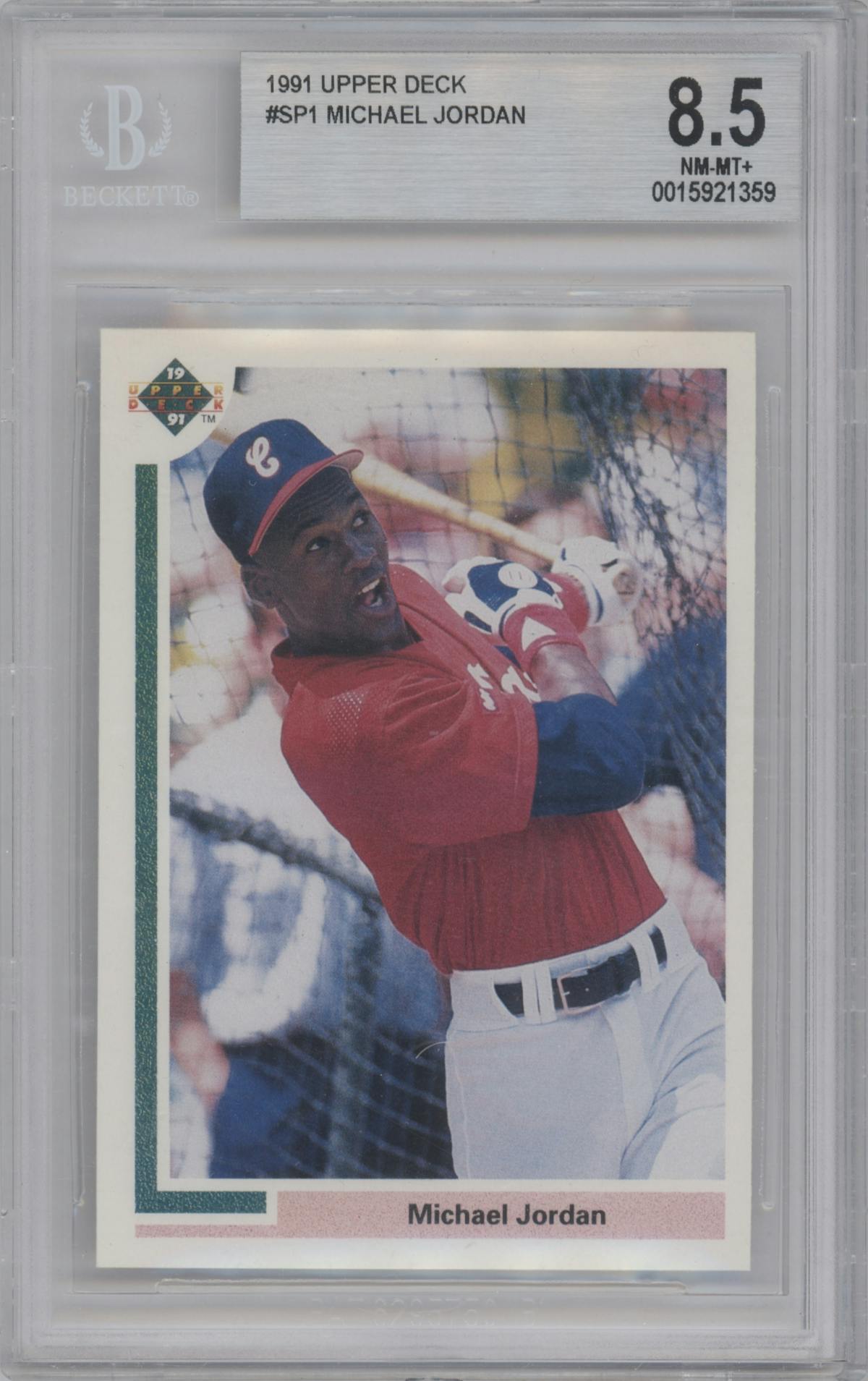 Michael Jordan from the 1991 Upper Deck set graded by Beckett and given an overall grade of 8.5.