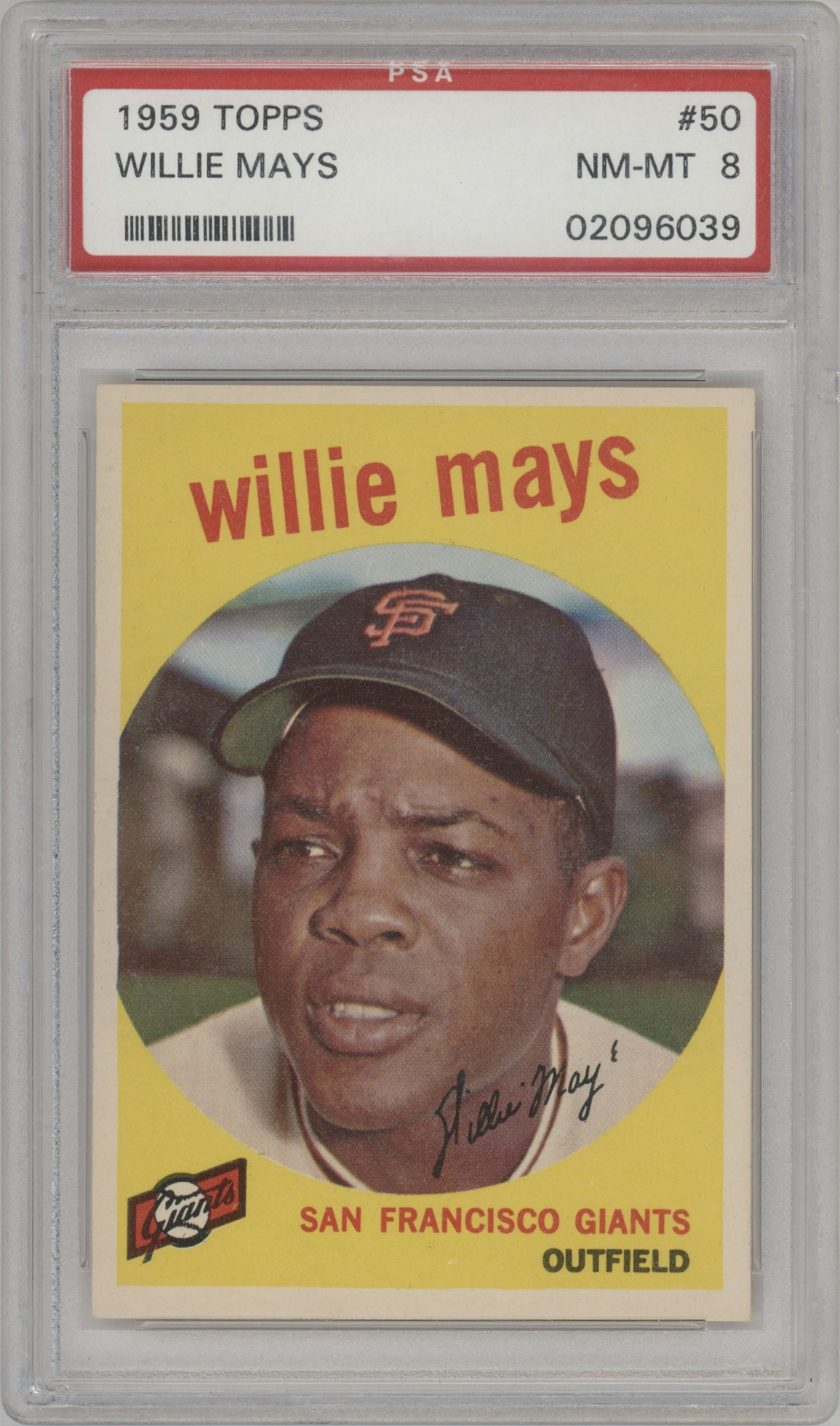 Willie Mays from the 1959 Topps set graded by PSA and given an overall grade of 8.