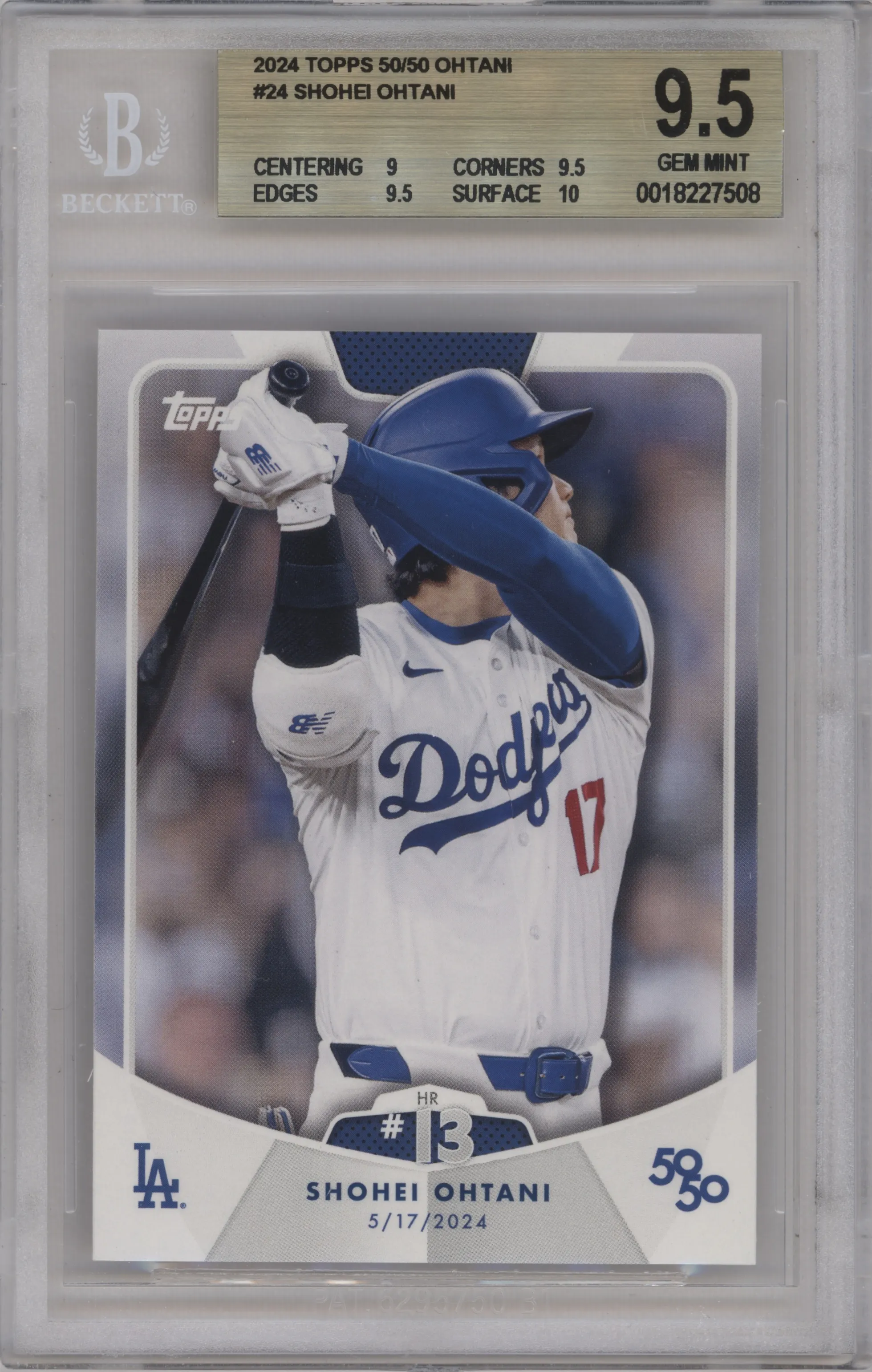 Shohei Ohtani from the 2024 Topps 50/50 set graded by Beckett and given an overall grade of 9.5.