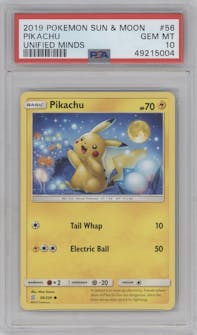 Pikachu from the 2019 Pokemon S&M  set graded by PSA and given an overall grade of 10.