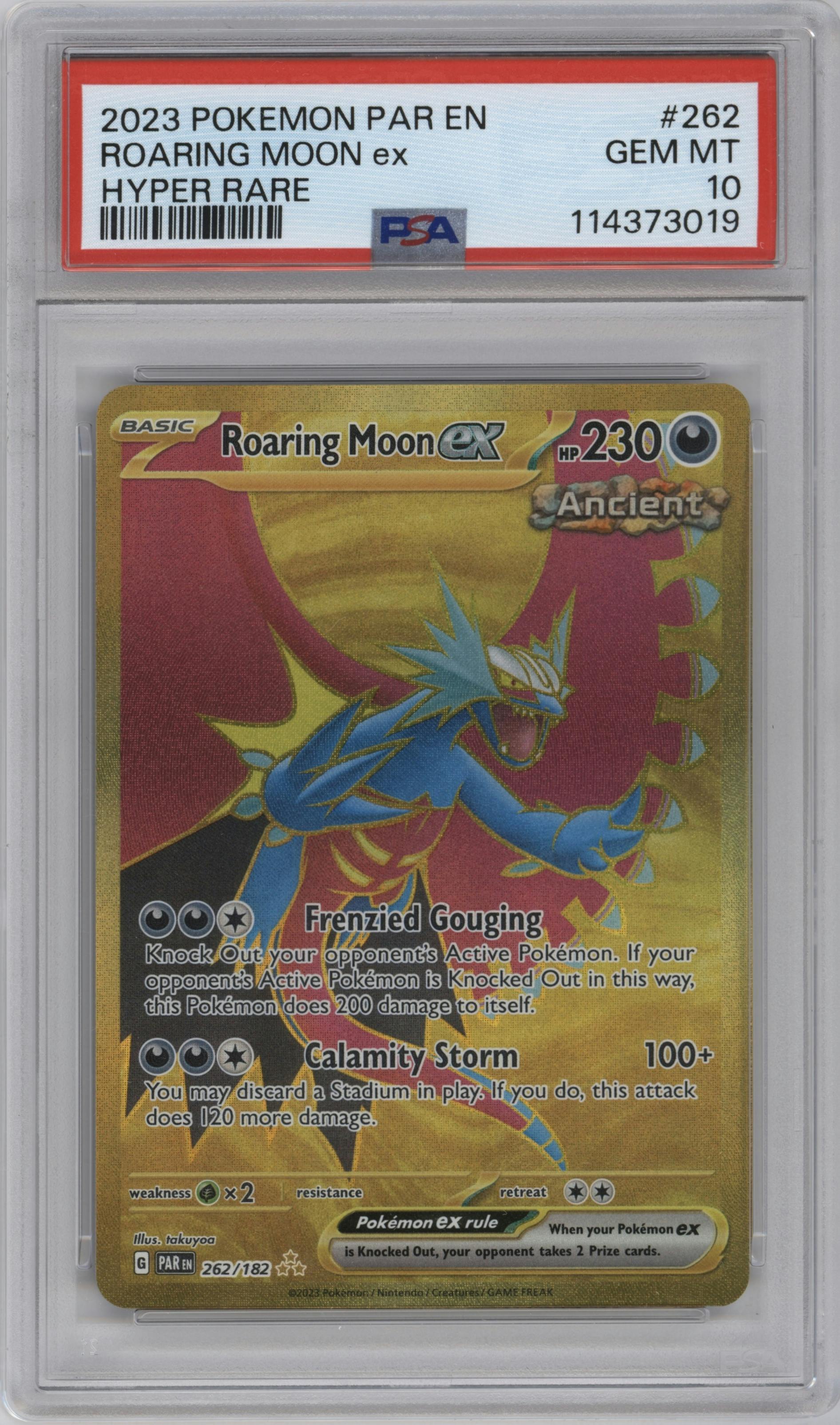 Roaring Moon ex from the 2023 Pokemon SV set graded by PSA and given an overall grade of 10.