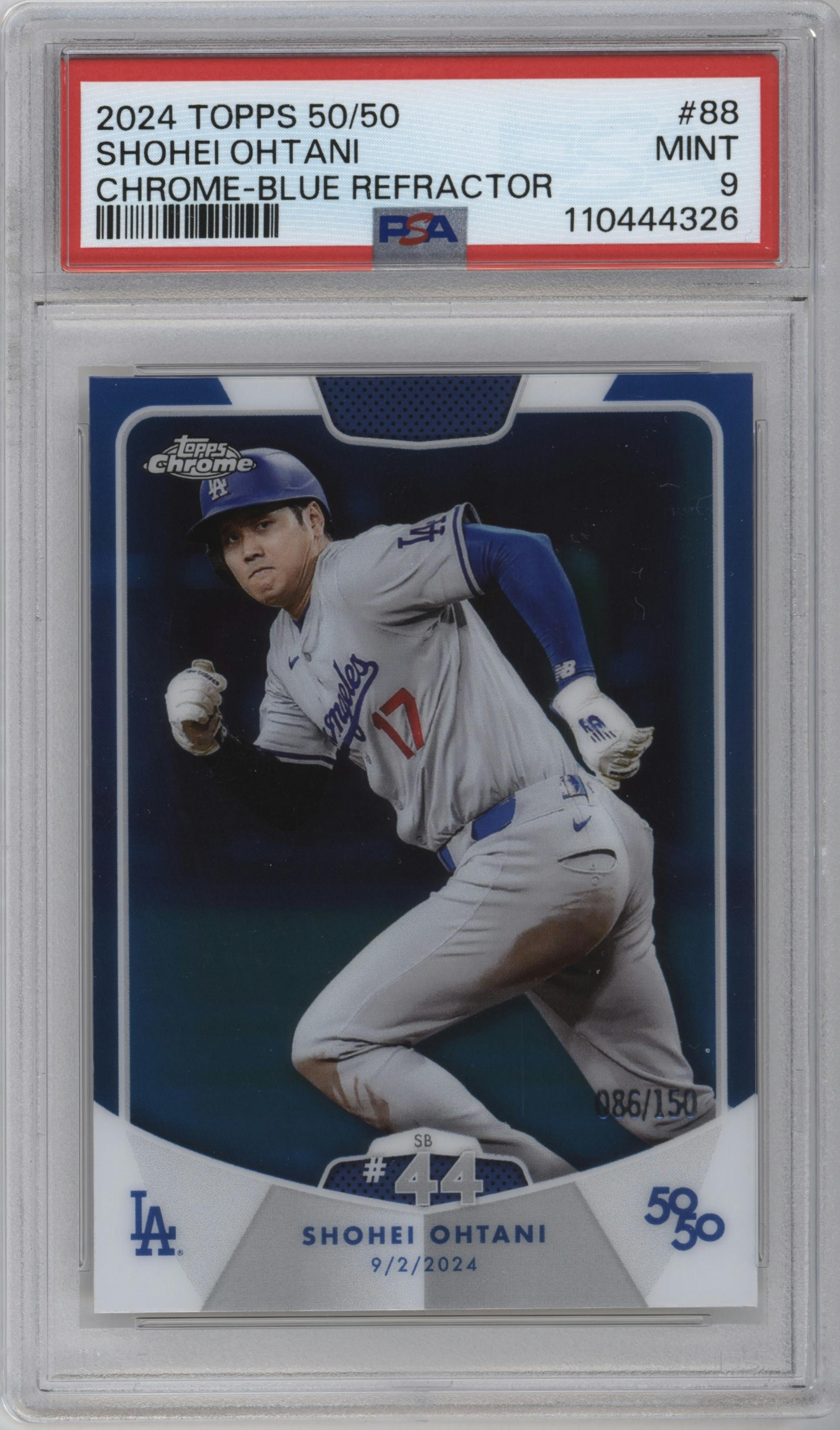 Shohei Ohtani from the 2024 Topps 50/50 set featuring a Chrome Blue parallel graded by PSA and given an overall grade of 9.