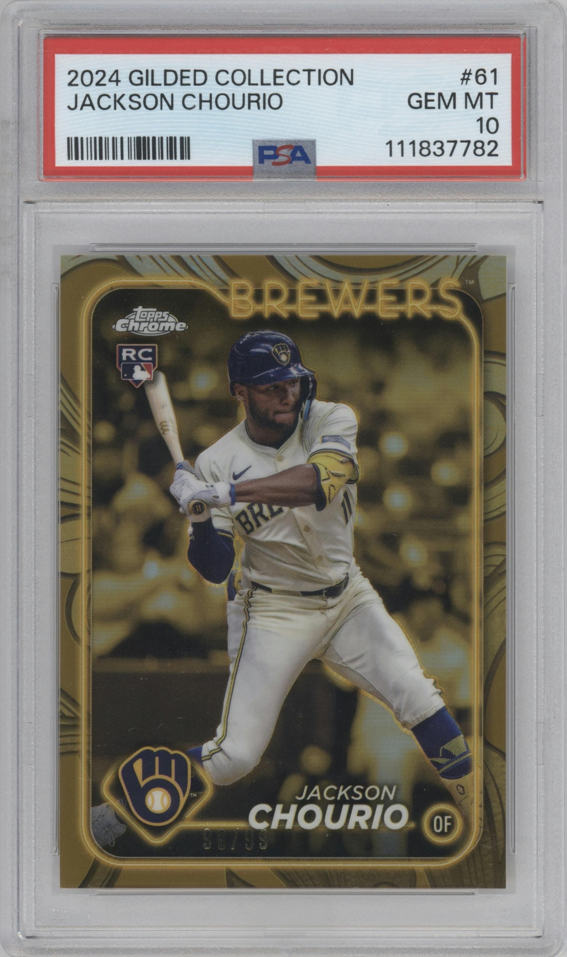 Jackson Chourio from the 2024 Topps Gilded Collection set graded by PSA and given an overall grade of 10.