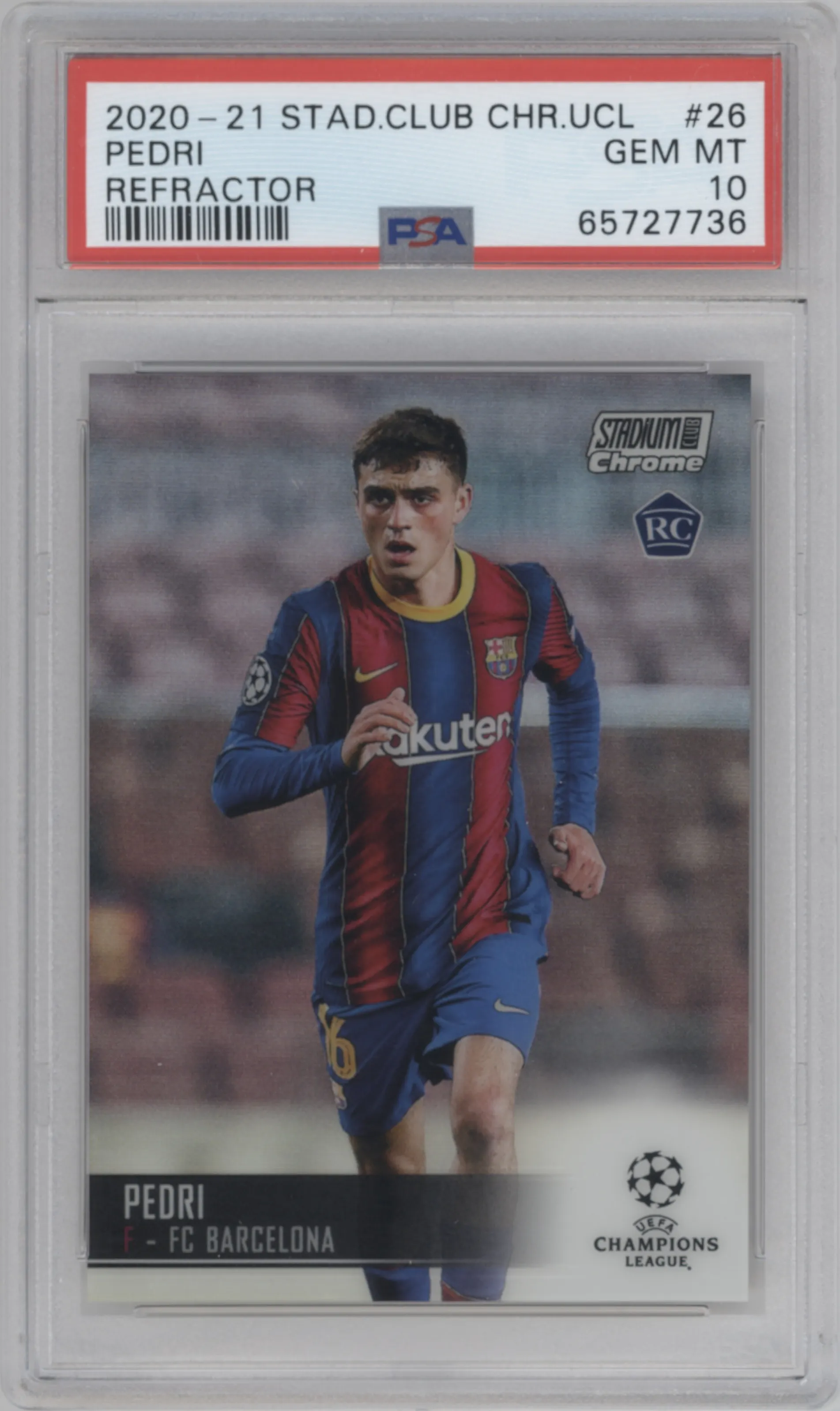 Pedri from the 2020-21 Topps Stadium Club Chrome UEFA CL set featuring a Refractor parallel graded by PSA and given an overall grade of 10.