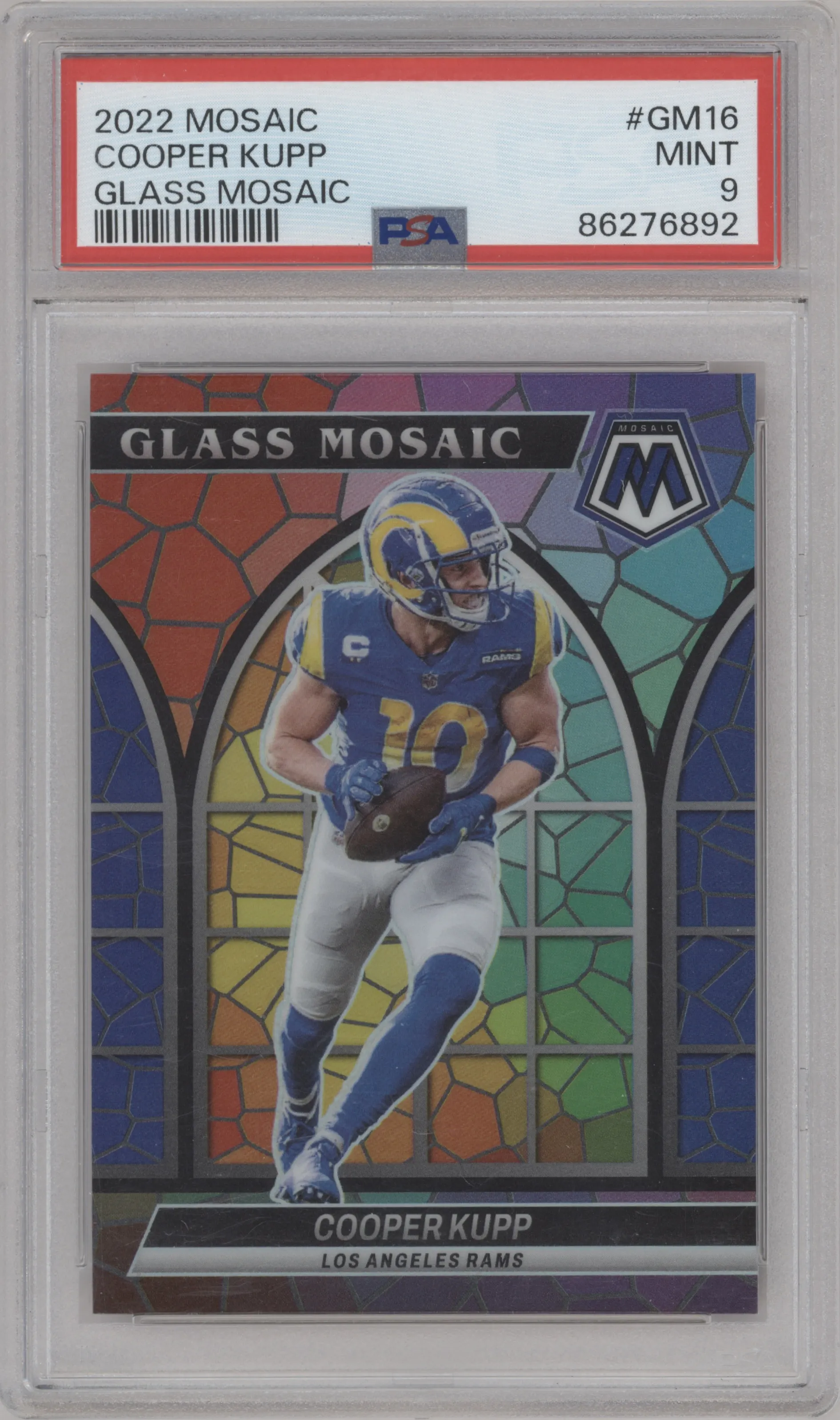 Cooper Kupp from the 2022 Panini Mosaic set graded by PSA and given an overall grade of 9.