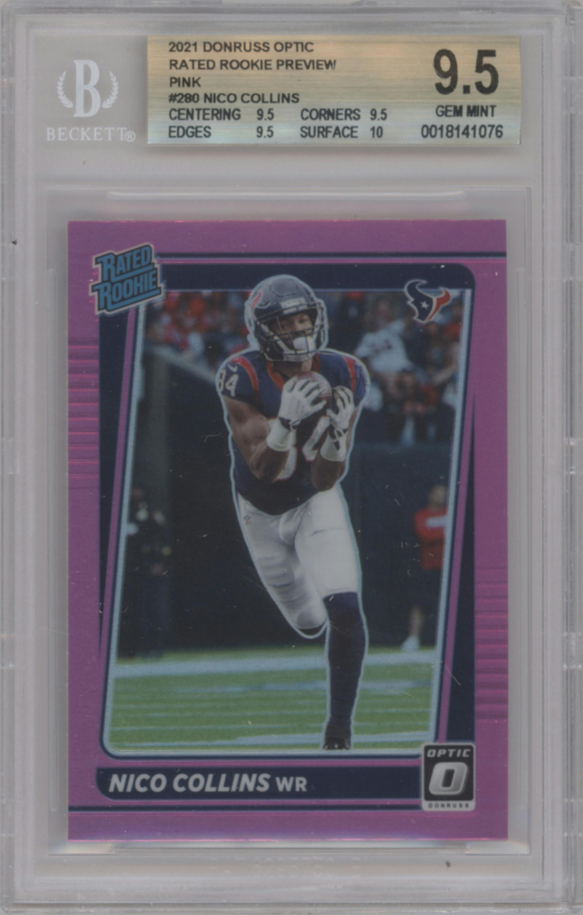 Nico Collins from the 2021 Panini Donruss set featuring a Pink parallel graded by Beckett and given an overall grade of 9.5.