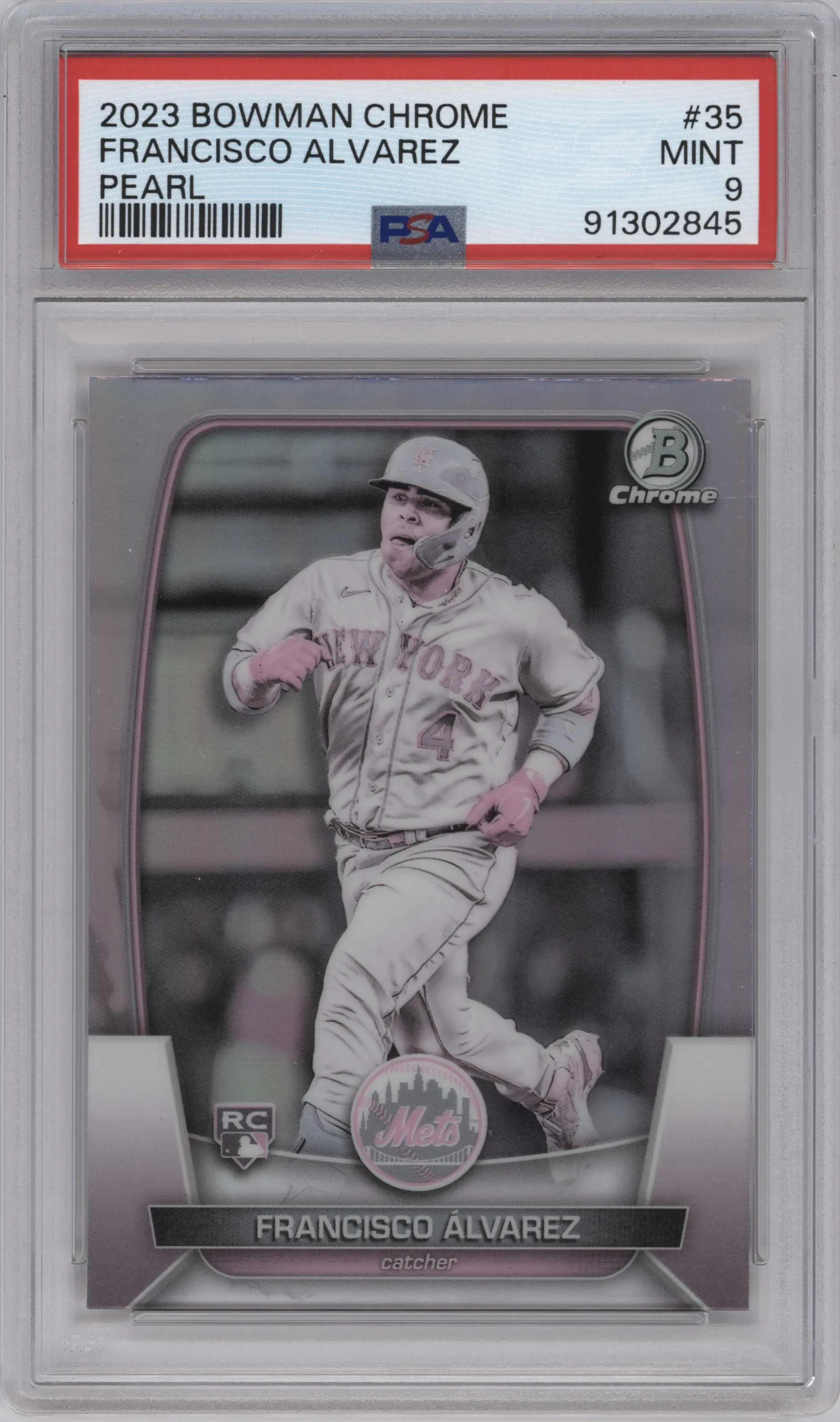 Francisco Alvarez from the 2023 Bowman Chrome set featuring a Pearl Refractor parallel graded by PSA and given an overall grade of 9.