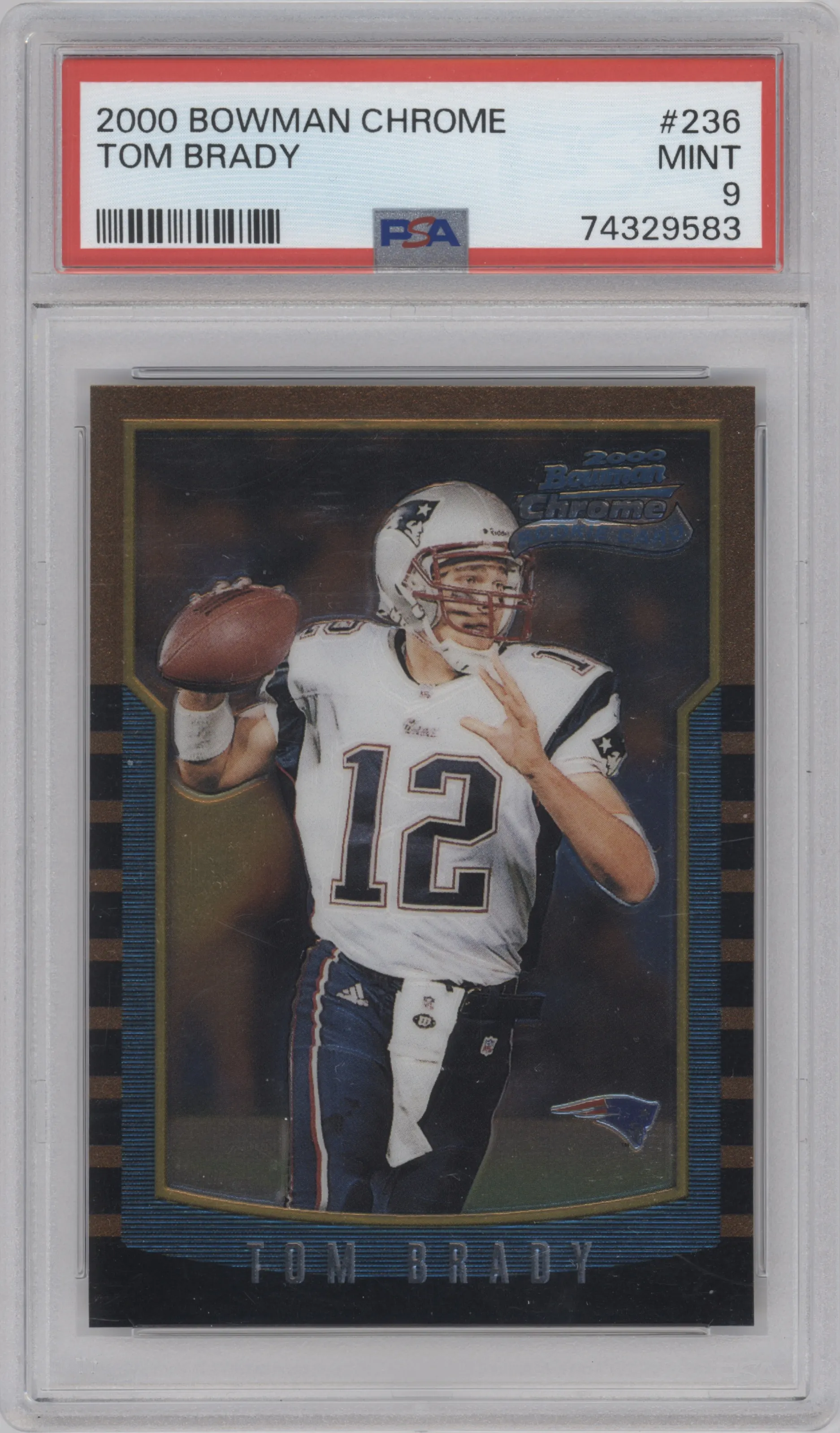 Tom Brady from the 2000 Bowman Chrome set graded by PSA and given an overall grade of 9.