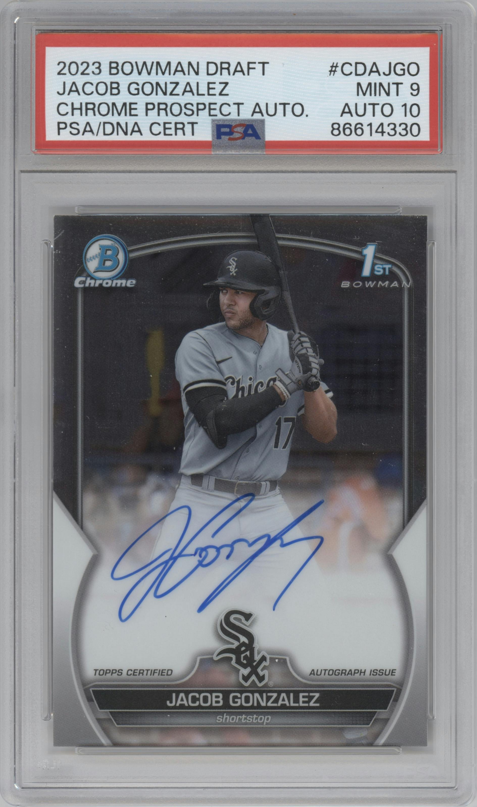 Jacob Gonzalez from the 2023 Bowman Draft set graded by PSA and given an overall grade of 9.
